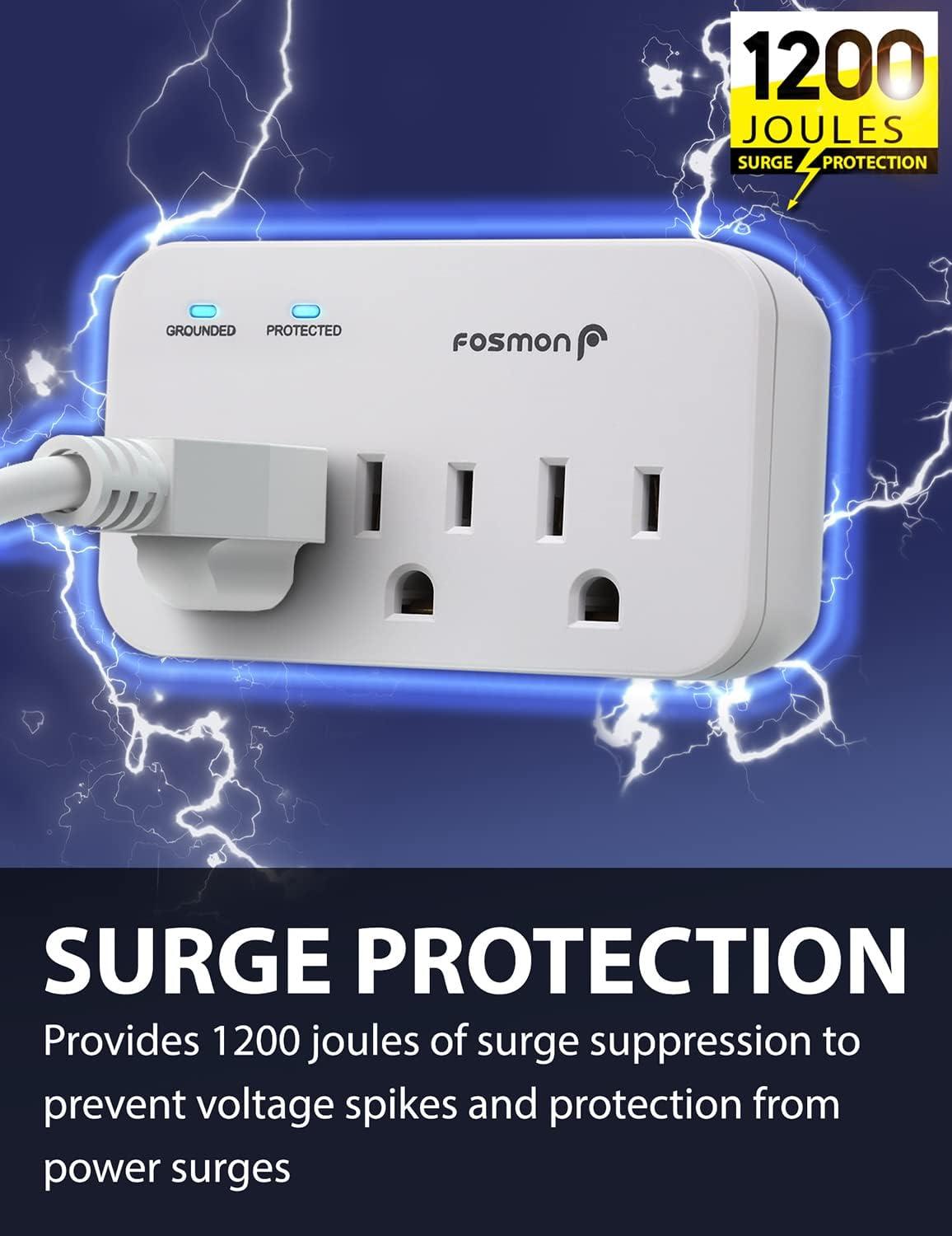 Fosmon [ETL Listed] 3-Outlet 1200J Surge Protector Outlet Extender, 3-Prong Outlet Splitter with Ground and Protected Indicator 125V/15A