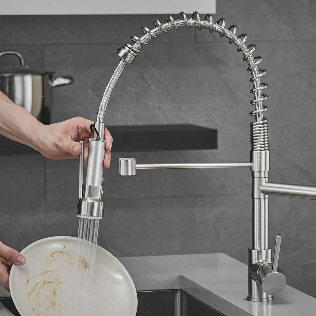 Qomolangma Commercial LED Kitchen Sink Faucet with Pull Down Sprayer, Modern Single Handle Kitchen Faucets with Light, Brushed Nickel