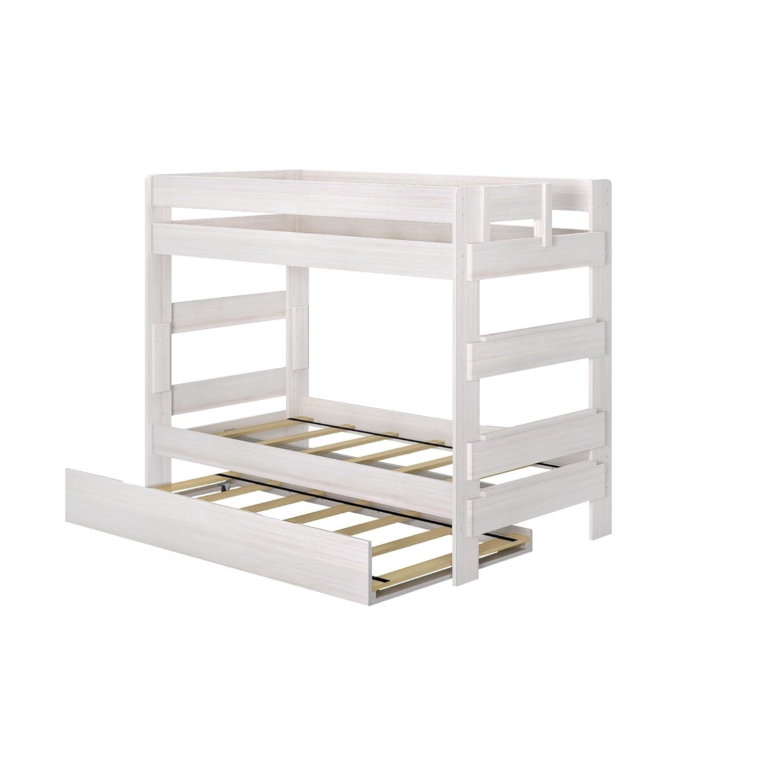 Max & Lily Solid Wood Modern Farmhouse Twin over Twin Bunk Bed with Trundle, White Wash