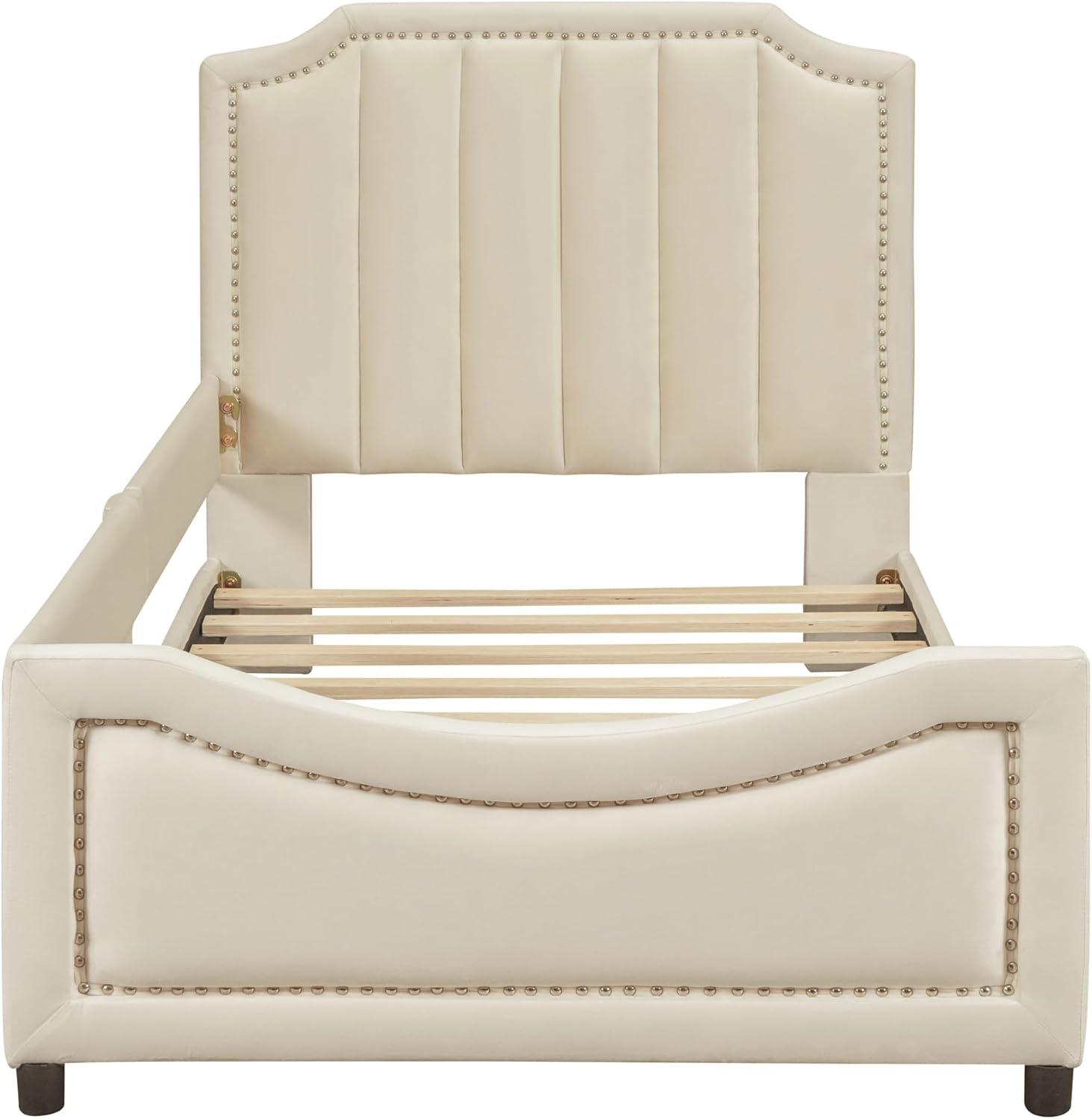 Bellemave Twin Size Upholstered Bed with Belgrave Headboard, Low Platform Bed Frame with Rails, Kids Velvet Daybed with Slats Support for Girls Boys Teens, Beige