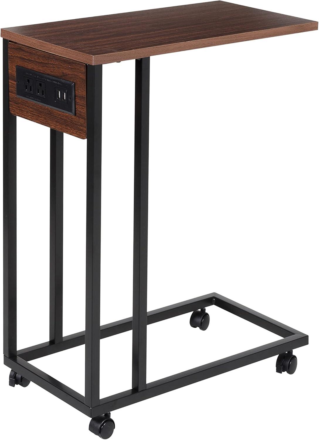 Walnut & Black Steel Modern C-Shaped Side Table with Charging Station