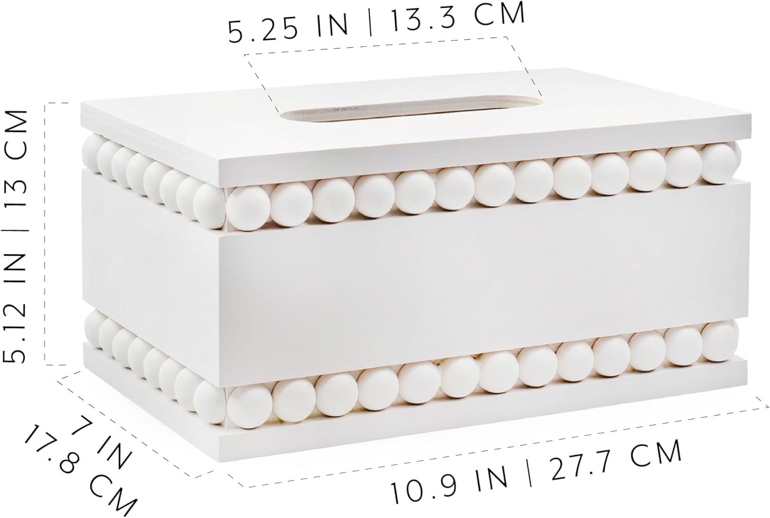 AuldHome Design Beaded Tissue Box Cover White; Rustic Farmhouse Wood Tissue Holder