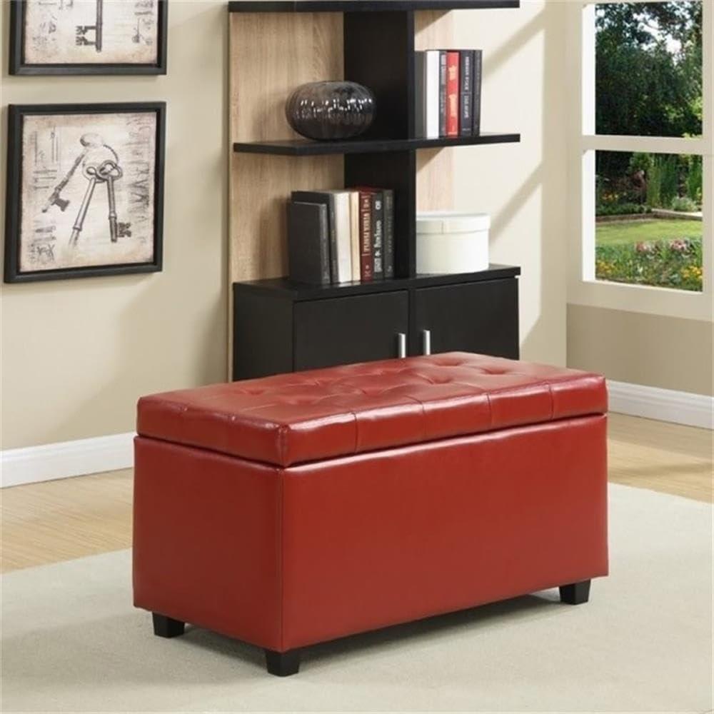 Simpli Home Cosmopolitan 34" Transitional Rectangle Ottoman in Red Faux Leather