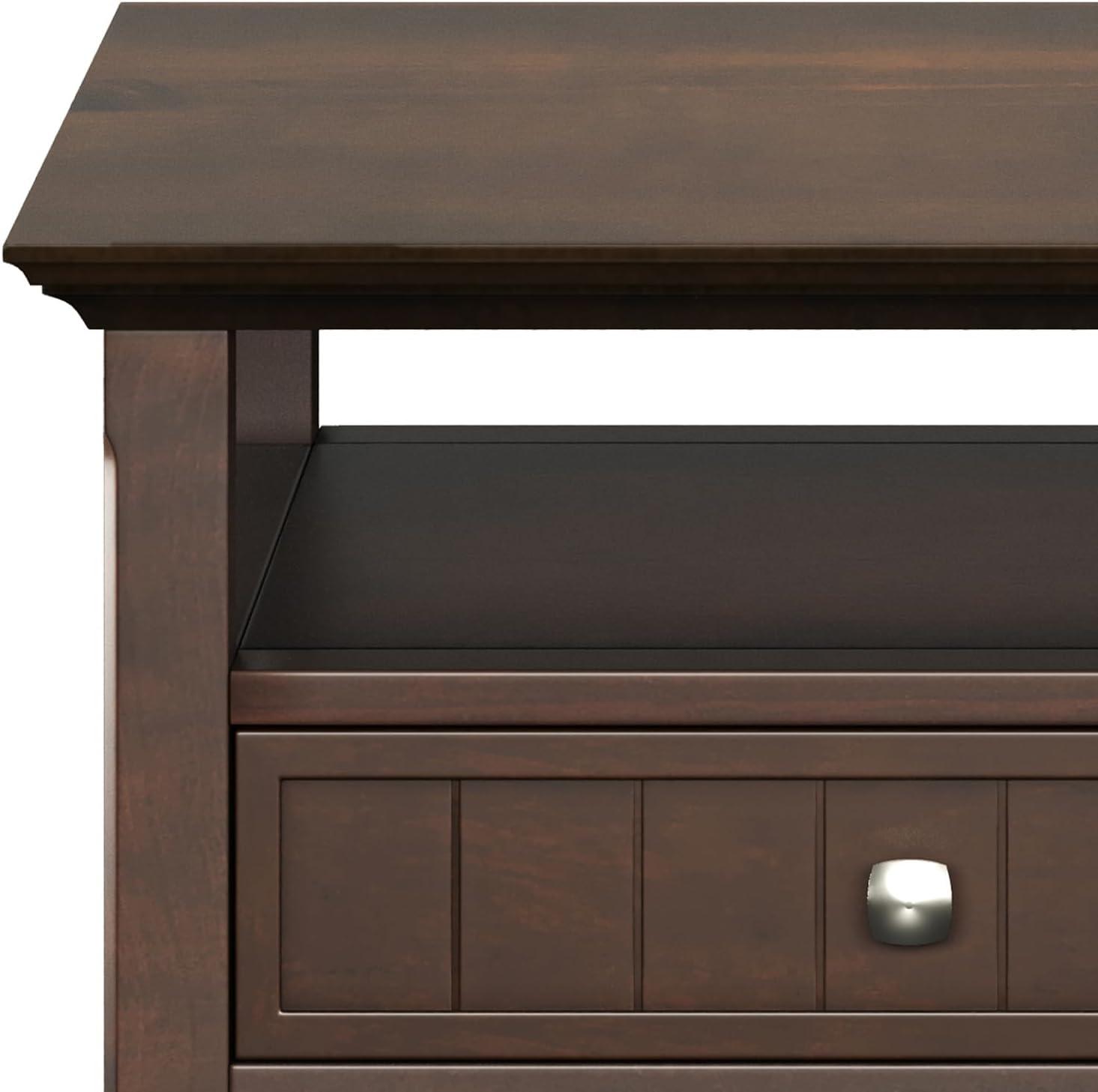 Simpli Home Acadian SOLID WOOD 48 inch Wide Rectangle Transitional Coffee Table with Drawer in Brunette Brown