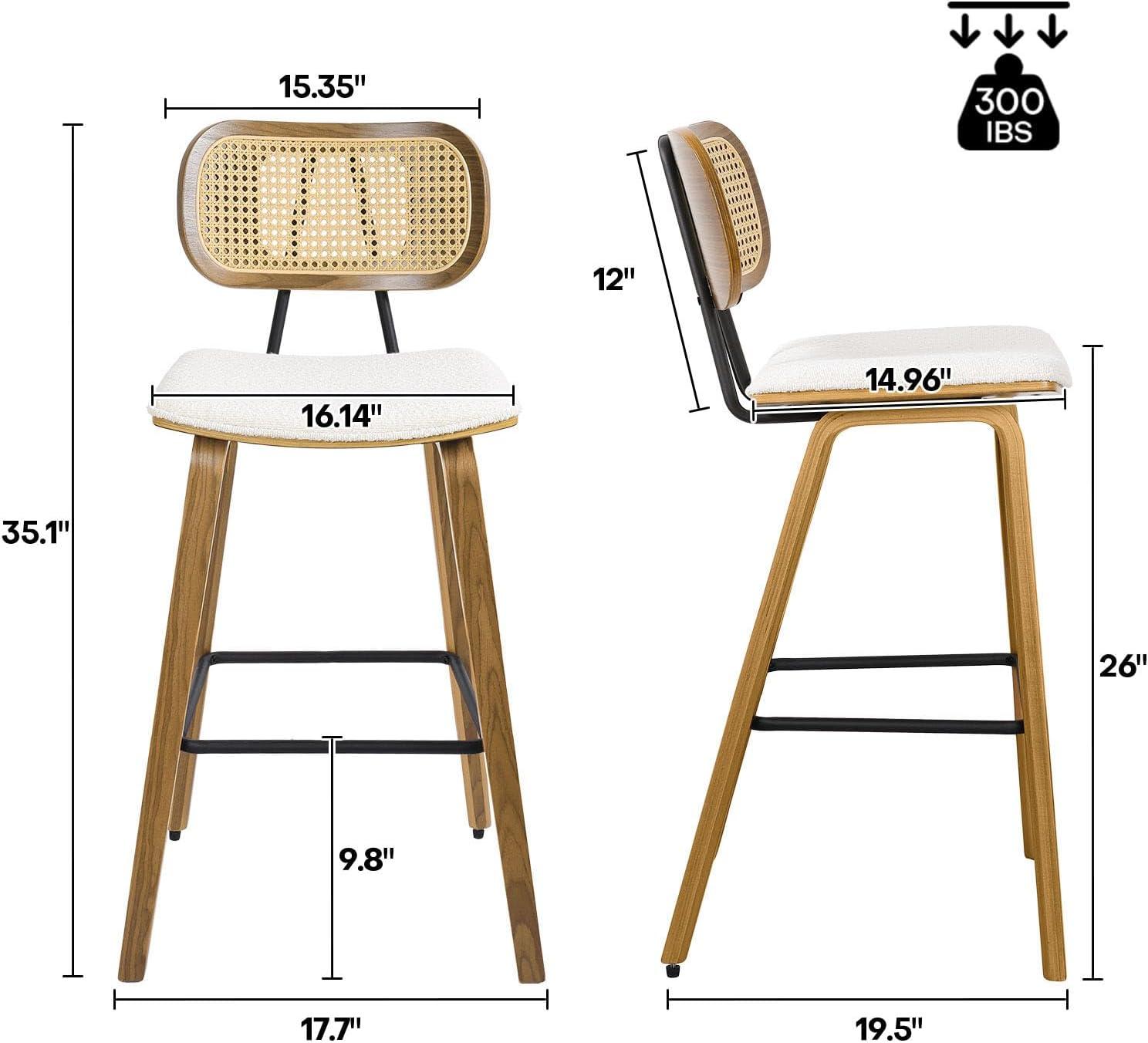 Counter Height Bar Stools Set of 2, Mid Century Modern Counter Stools, 26" Wood Kitchen Stool Boucle Fabric Upholstered Barstool with Rattan Back, Counter Height Island Dining Bar Chair, White