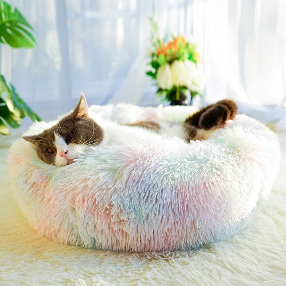 otoez Kitten Puppy Bed Extra Small XS Round Dog Cat Beds Anti Anxiety Plush Pet Calming Donut Bed with Non-Slip Waterproof Bottom, Washable (15.7", Rainbow)
