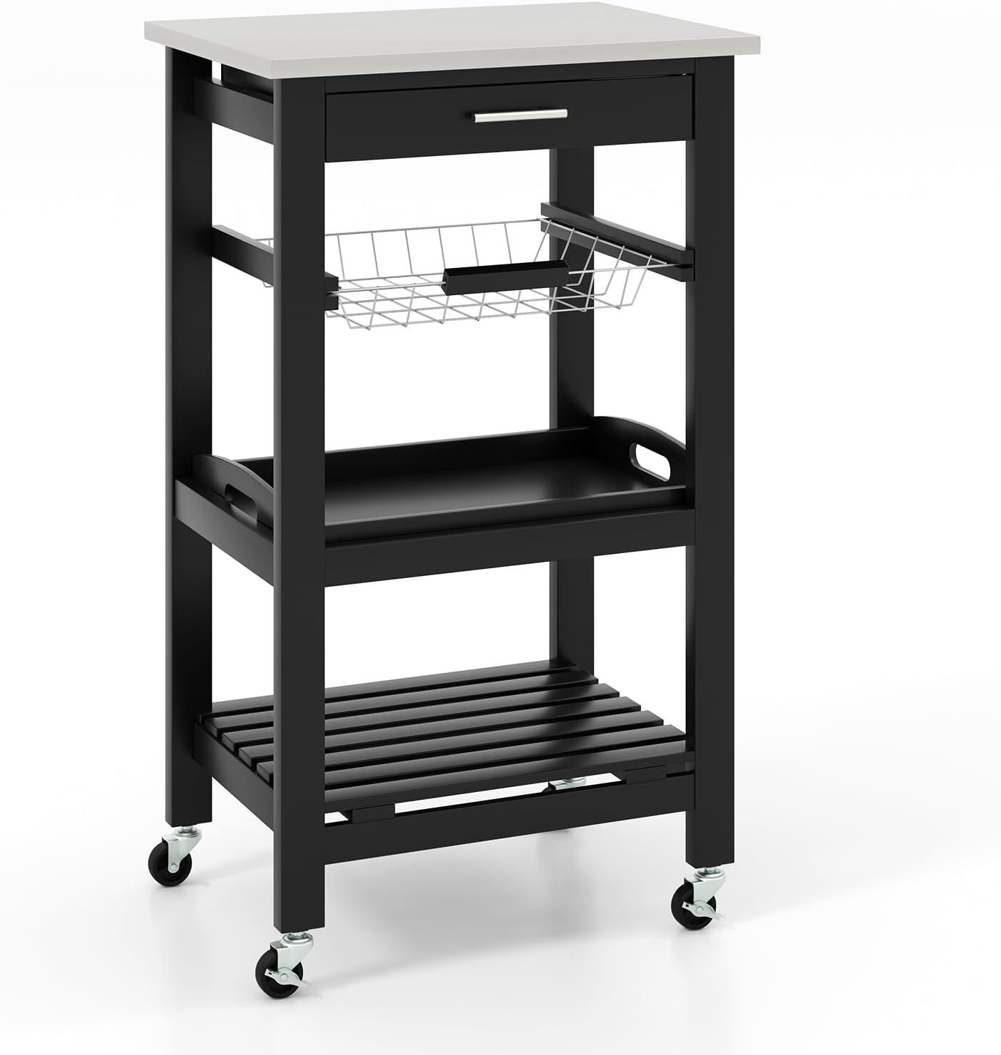 Resenkos Kitchen Island Cart with Stainless Steel Tabletop and Basket-Black, Kitchen Island, Island Table for Kitchen,Dinning Room