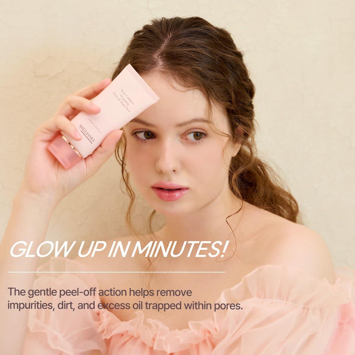 Rose Collagen Wrapping Peel-Off Mask Pack, Facial Mask with Damask Rose Water, Hydrolyzed Collagen & Botanical Fruit Extracts for Hydrated, Glowing Look & Korean Glass Skin (60ml/2.02 fl.oz.) (Pink)