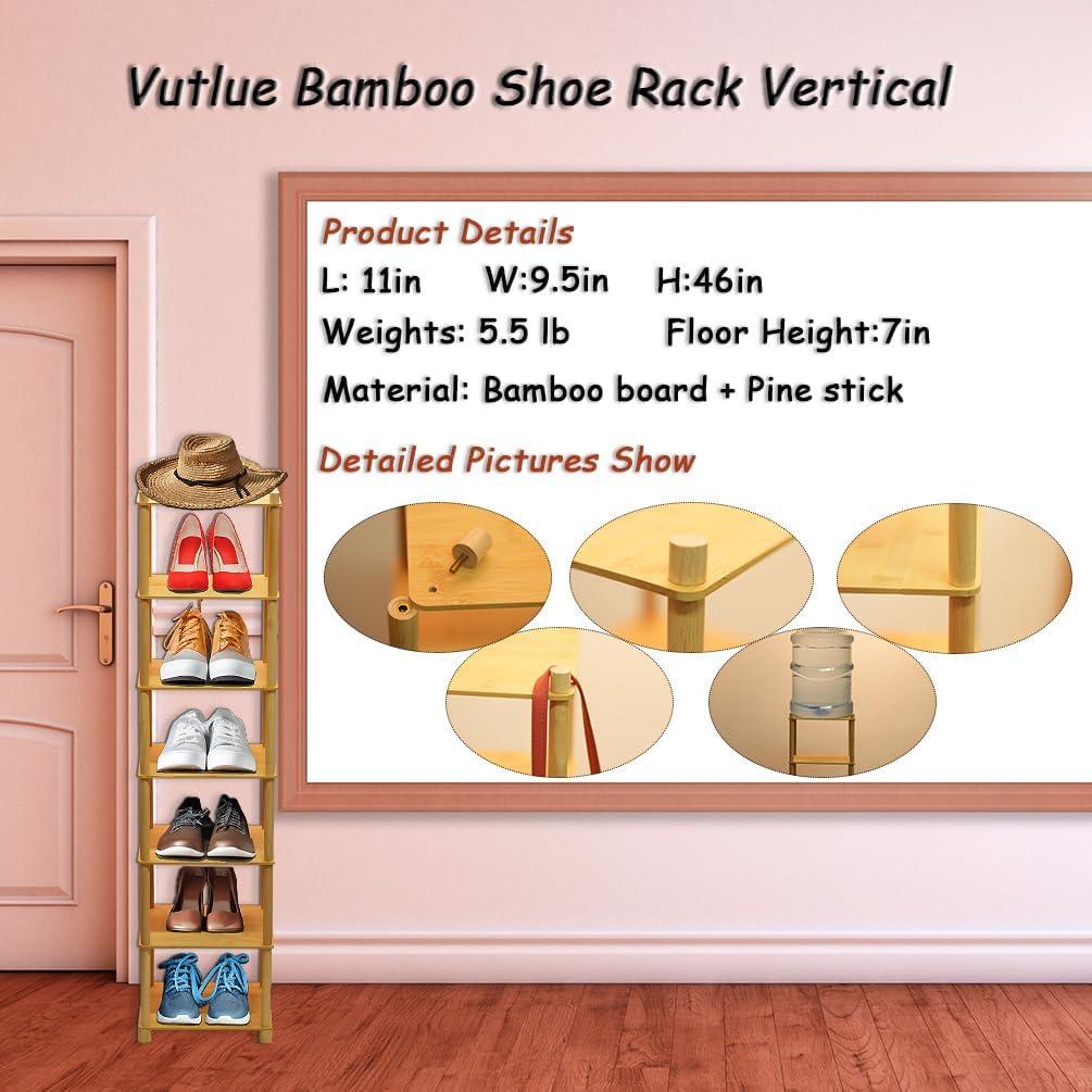 Vertical Bamboo 7-Tier Narrow Standing Shoe Rack Shelf