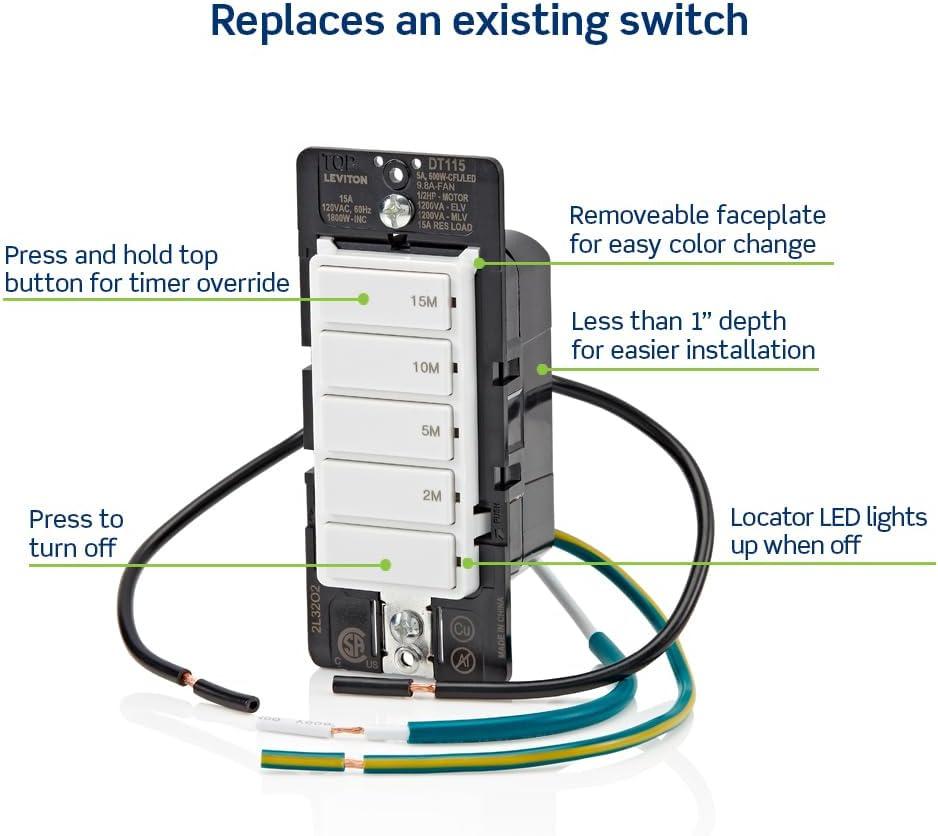 Leviton DT115-1LW Decora Countdown Timer Wall Switch, 15 Min (2, 5, 10, 15 Min)