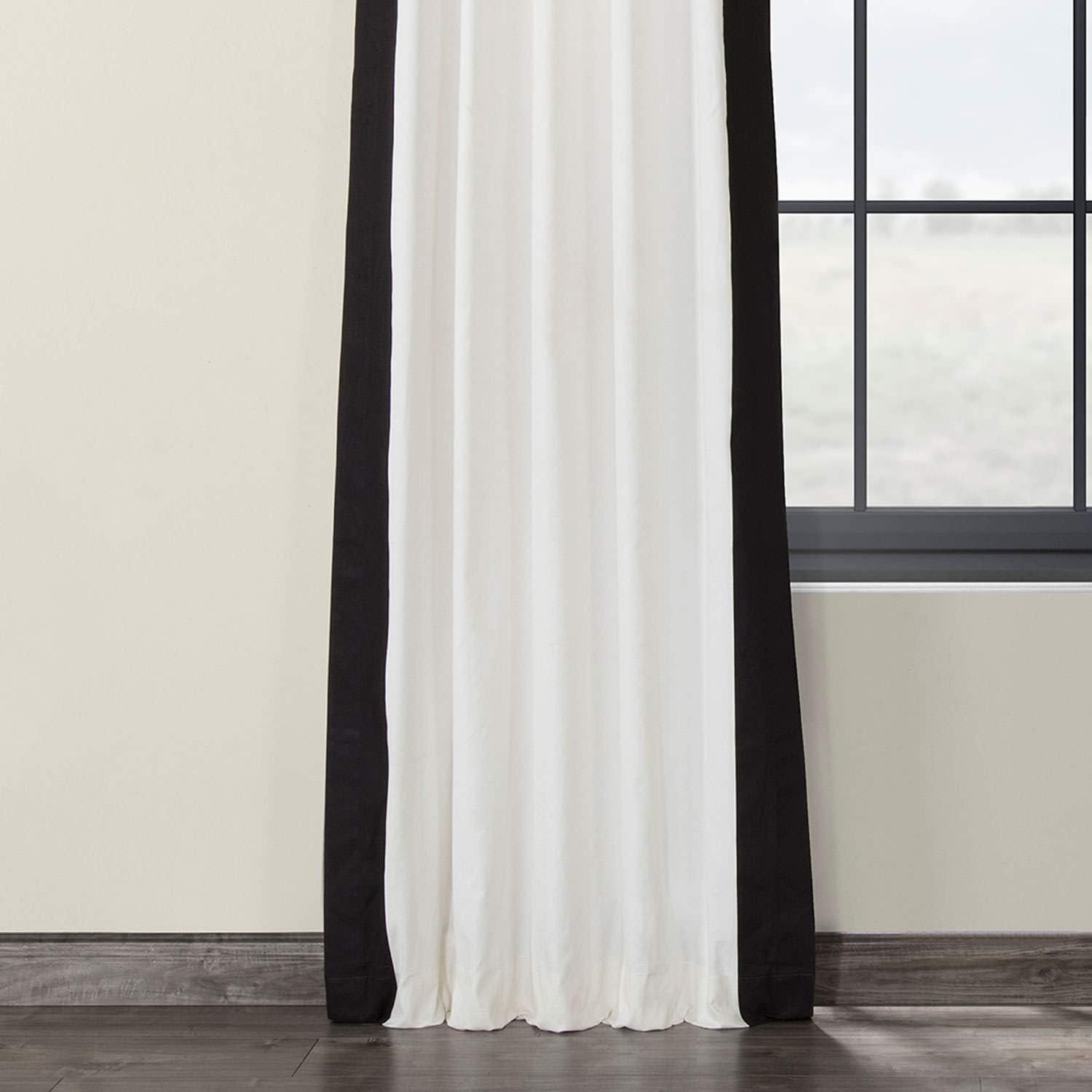 Warm Off-White & Black Cotton Pleated Room-Darkening Curtains