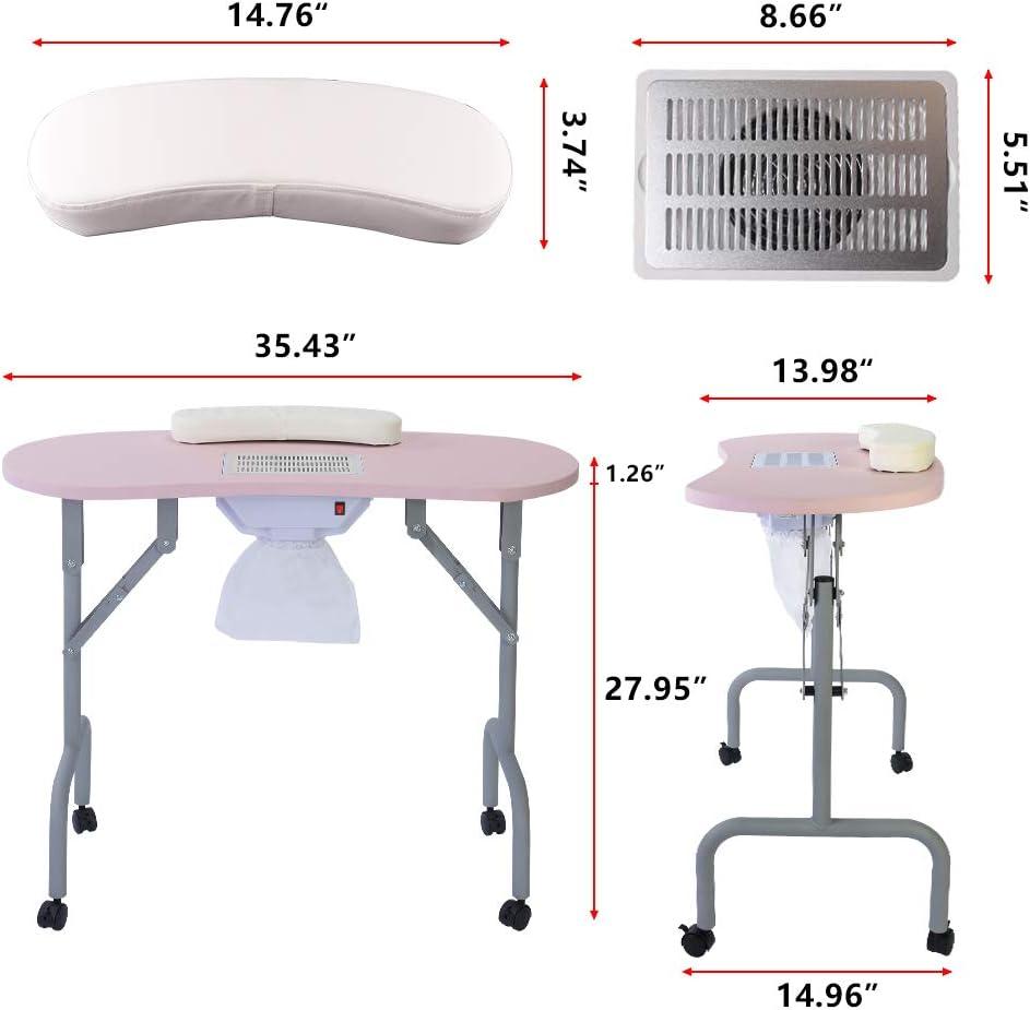 Portable Manicure Table Foldable Nail Desk with Large Drawer Nail Tech Table for Technician Salon Workstation Client Wrist Cushion/Carry Bag/4 Lockable Wheels, 36-inch, Pink