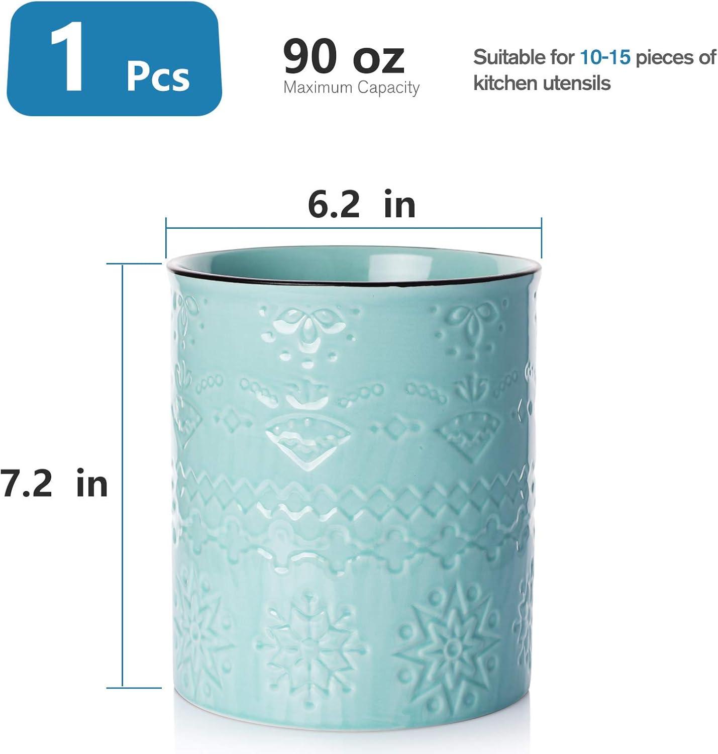 Aqua Ceramic Embossed Kitchen Utensil Holder Crock