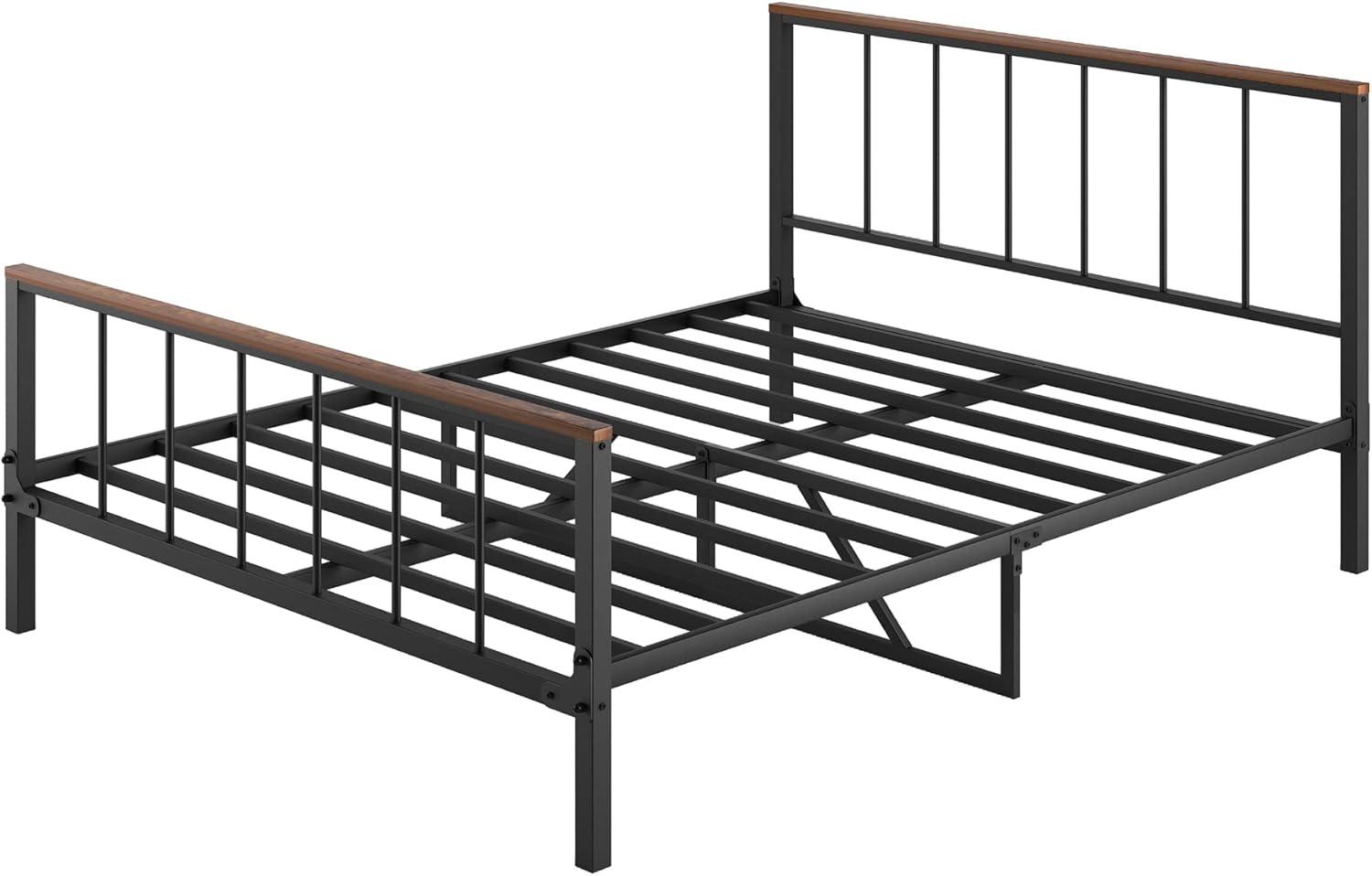 Queen Black Metal Platform Bed with Wood Headboard