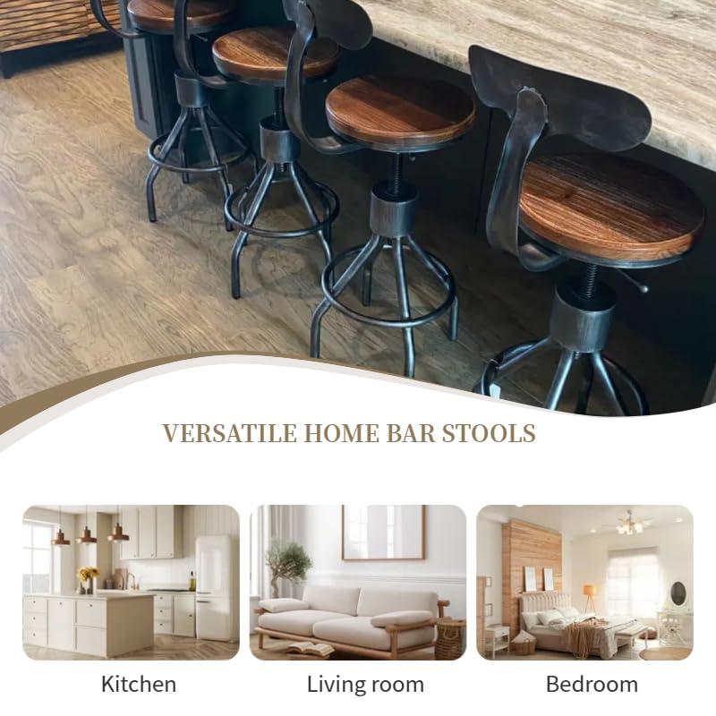 LOKKHAN Set of 2 Rustic Industrial Bar Stool-24-30 Adjustable Metal Swivel Wooden Top Barstools-Counter Height Extra Tall Bar Height-Vintage Farmhouse Kitchen Breakfast Cafe Stool-with Backrest