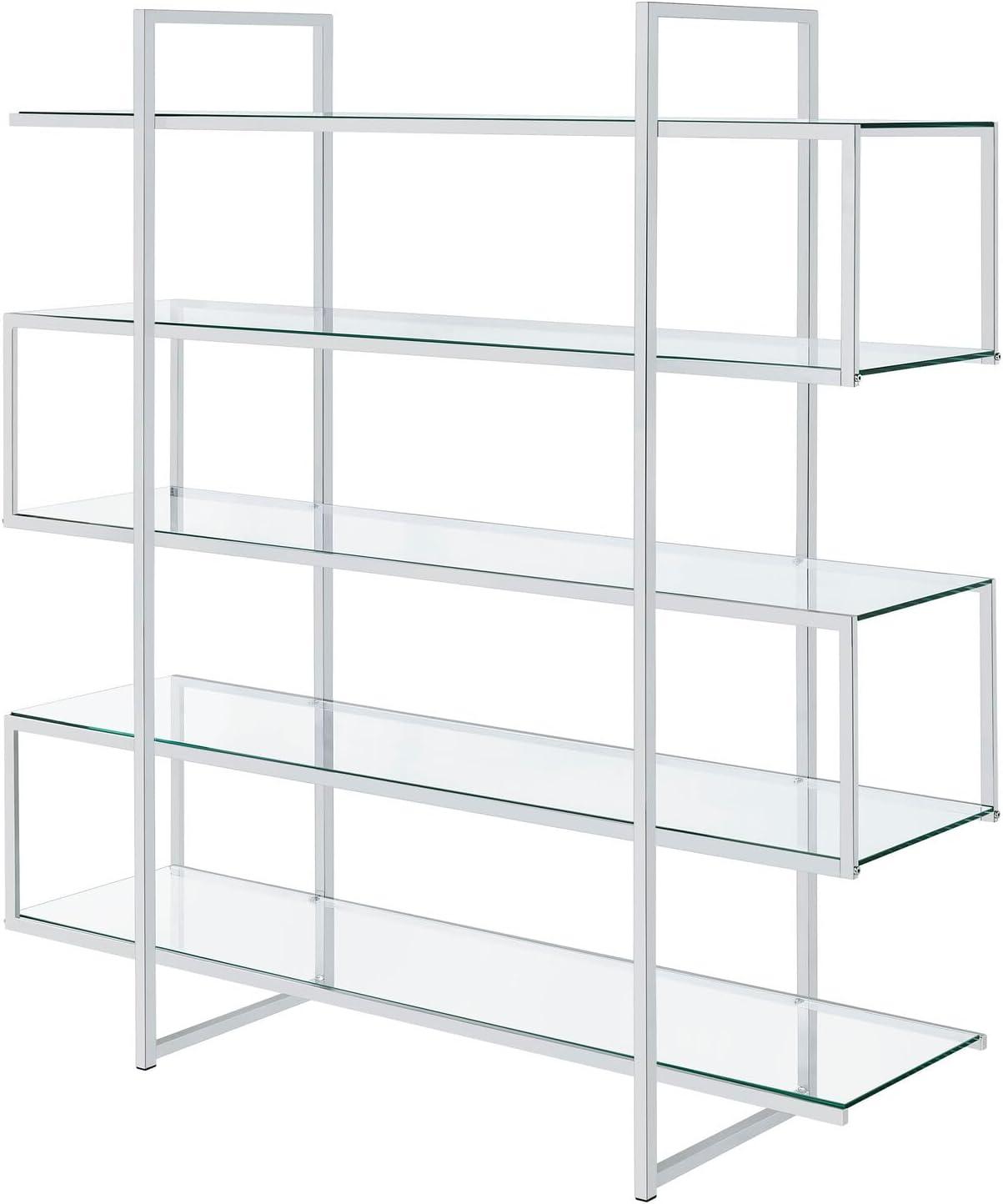 63" Contemporary 5 Shelf Zig Zag Bookcase with Glass Shelves Chrome - Coaster