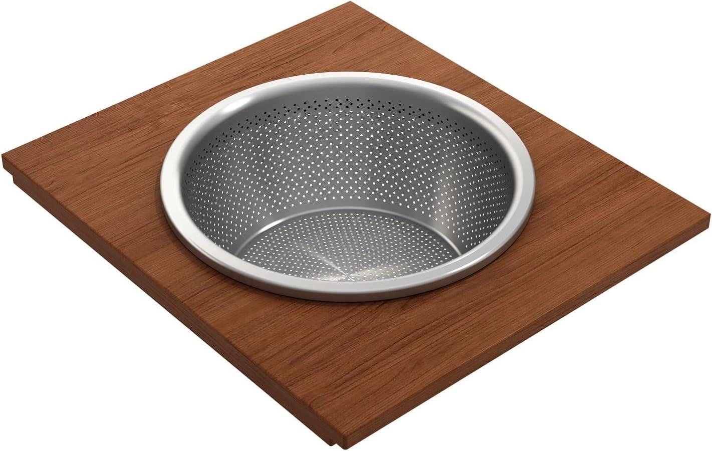 BOCCHI Wood Board With Large Round Stainless Steel Mixing Bowl And Colander F/1344, 1348, 1360, 1362, 1504, 1505, 1506 (Short Side Only), 1627, 1628