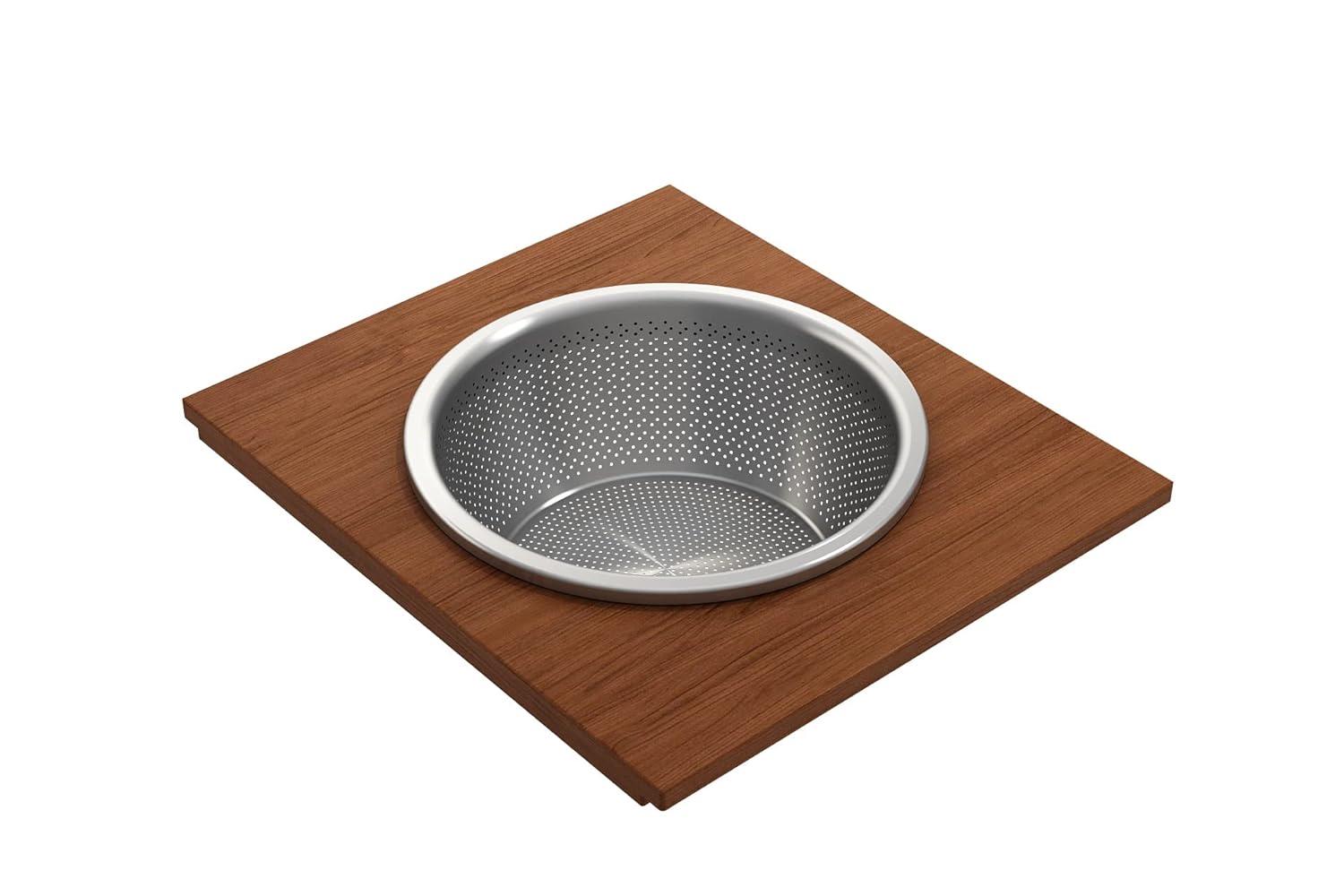 BOCCHI Wood Board With Large Round Stainless Steel Mixing Bowl And Colander F/1344, 1348, 1360, 1362, 1504, 1505, 1506 (Short Side Only), 1627, 1628
