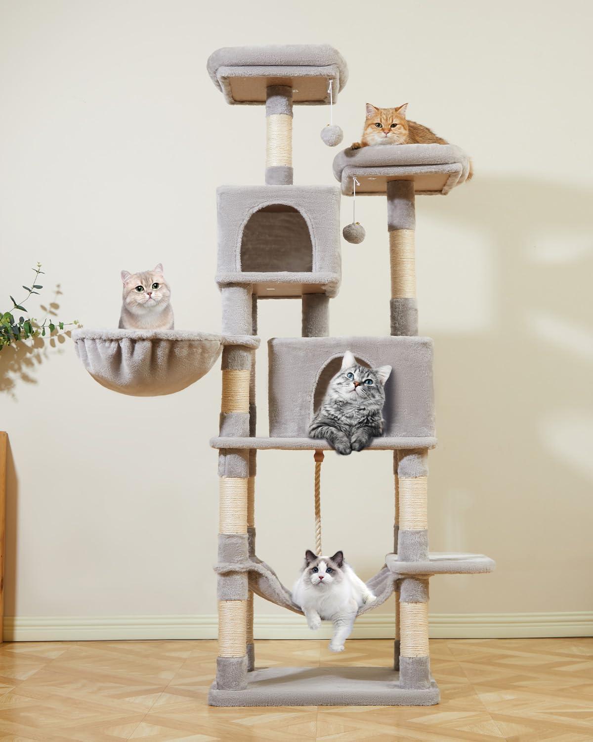 Feandrea 56.3'' Cat Tree Tower for Indoor Cats ,Multi-Level Cat Condo Cat Furniture with Scratching Posts, Perches, Hammock, Cave ,Light Gray