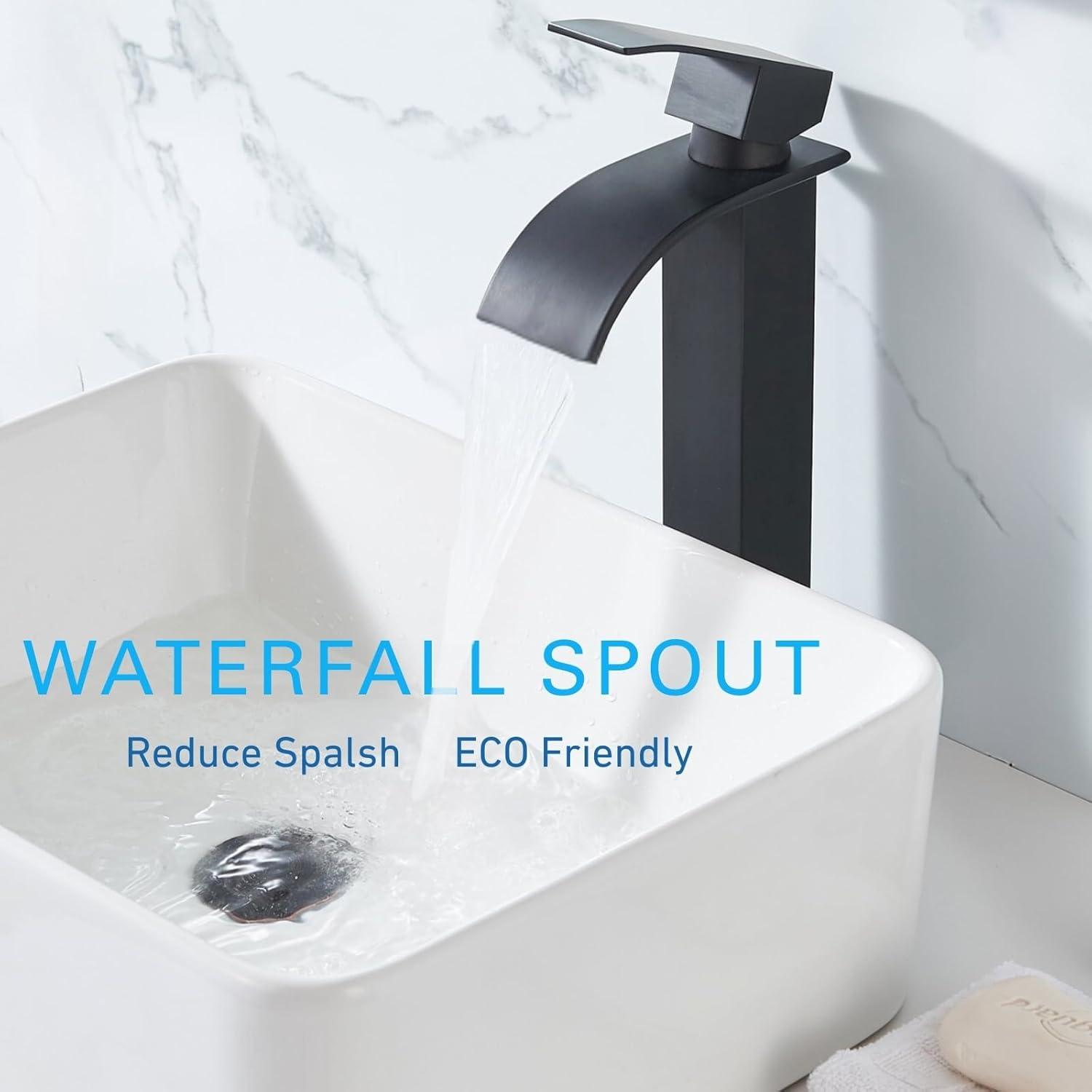 Waterfall Bathroom Faucet Single Handle，Bathroom Sink Faucet 1 Hole，Waterfall Faucet for Bathroom Sink，Vessel Sink Faucet Matte Black Tall Bathroom Faucet
