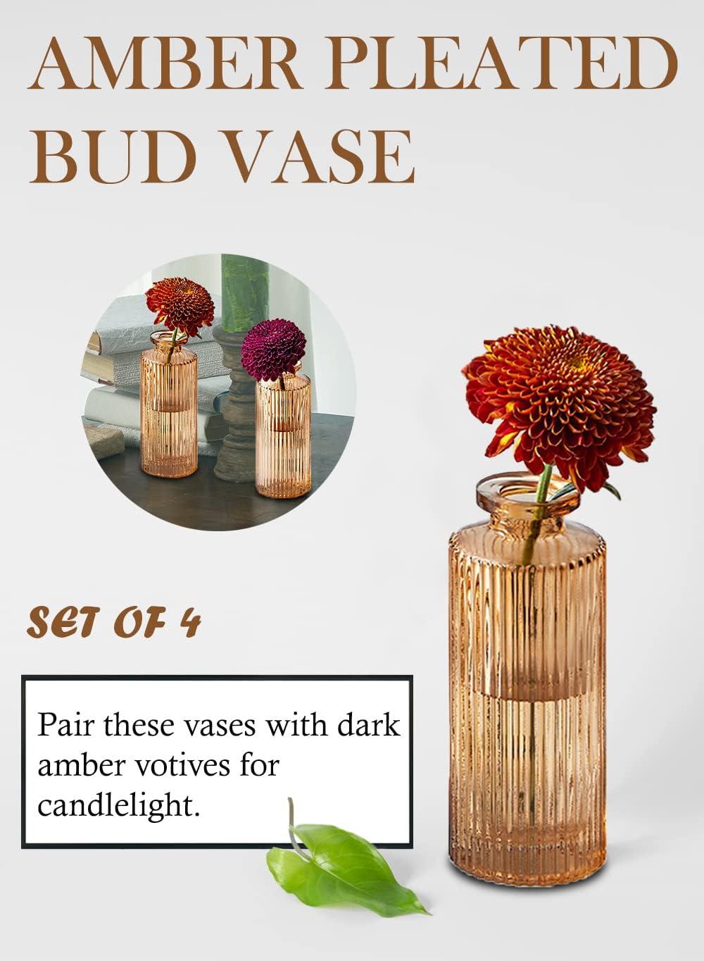 Serene Spaces Living Set of 4 Amber Pleated Bud Vase, Vases for Centerpieces for Home Decor, Events, Weddings, Parties, Measures 5.25" Tall and 2" Diameter