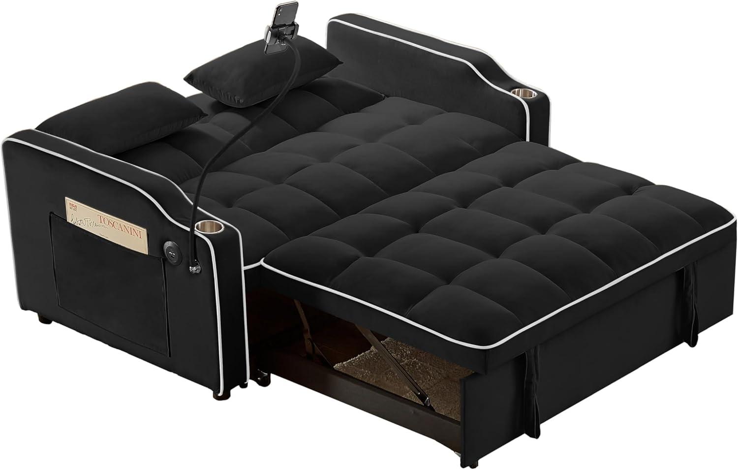 Black Velvet Convertible Sleeper Sofa with USB Ports