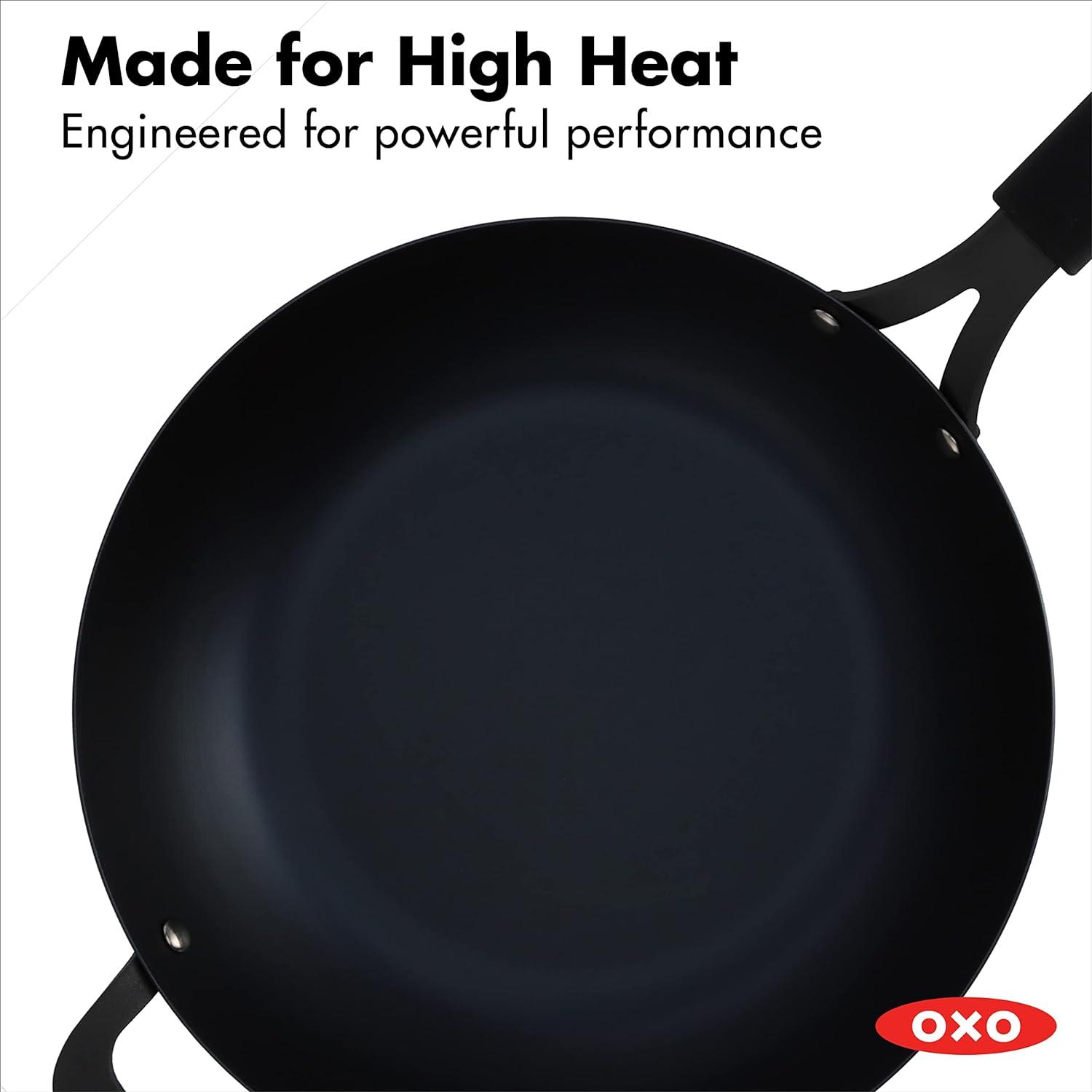 OXO 12" Steel Open Wok with Silicone Sleeve Black: Carbon Steel Pan, 12 Inch, Induction & Gas Compatible, Hand Wash