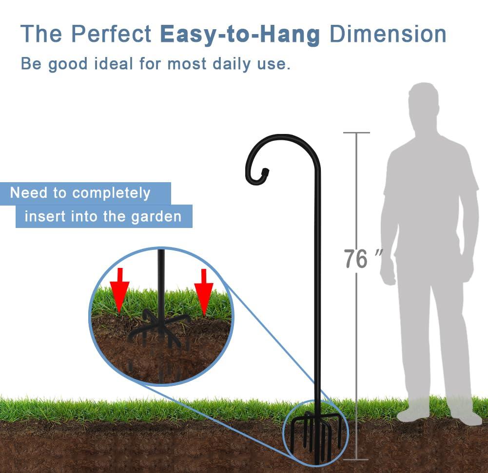 76 inch Outdoor Shepherd Hook with 5 Prong Base (2 Packs), Adjustable Heavy Duty Garden Hanging Stake for Bird Feeder Solar Light Plant Hanger Wedding Decor, Matte Black