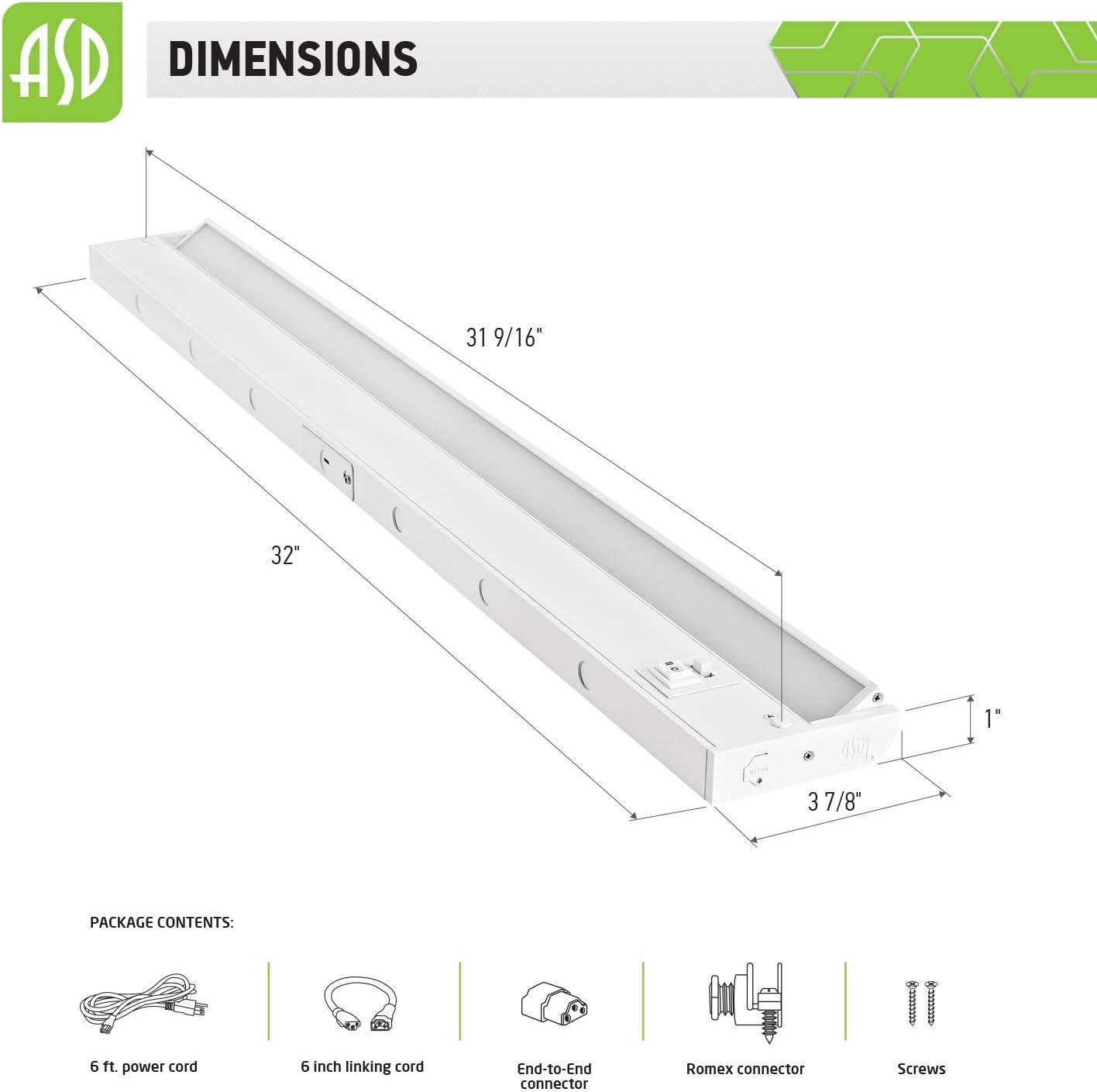 ASD Swivel LED Under Cabinet Lighting, 32 Inch 16W, Hardwired or Plug-in, 2700K/3000K/4000K Selectable, Rotatable Lens, Dimmable Linkable Under Counter Light for Kitchen, ETL & Energy Star