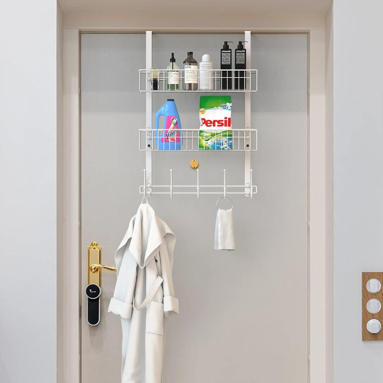 Over The Door Hooks, Door Hanger Towel Rack with 5 Coat Hooks & 2 Mesh Basket, Over Door Organizer for Bathroom, Bedroom, Kitchen, Office, Easy Installation, White
