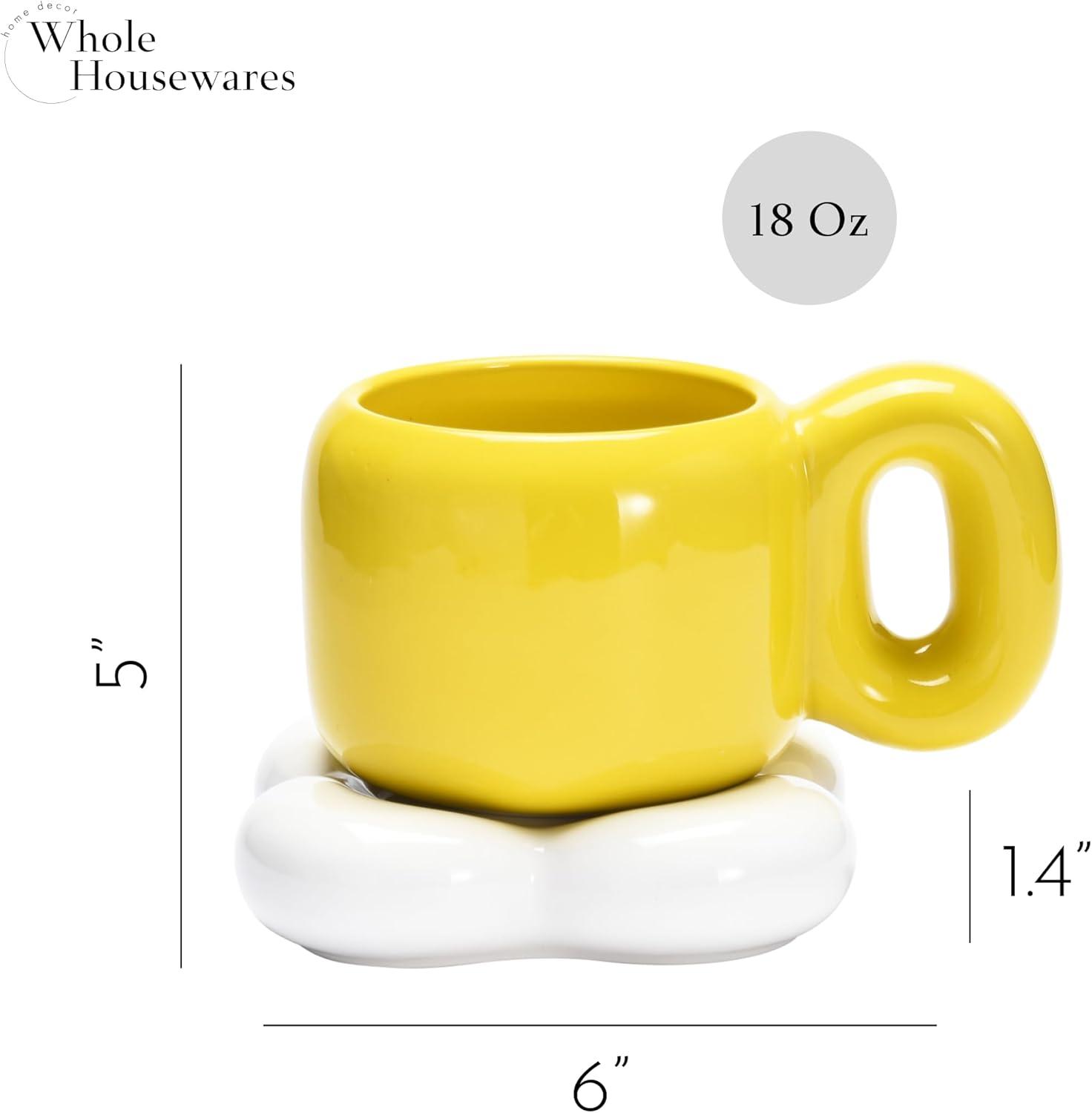 Chubby Cloud Ceramic Coffee Mug Set with Saucer - Yellow and Purple