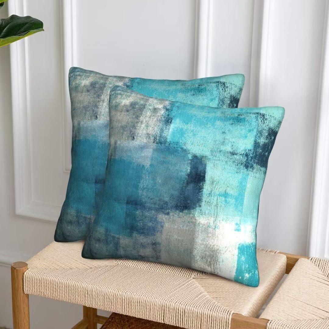 Teal and Brown Throw Pillows Covers Set of 2 Blue Gray Abstract Art Painting Aesthetic Modern Square Decorative Pillow Covers Soft Throw Pillows for Couch Sofa Bedroom, 18X18 Inches