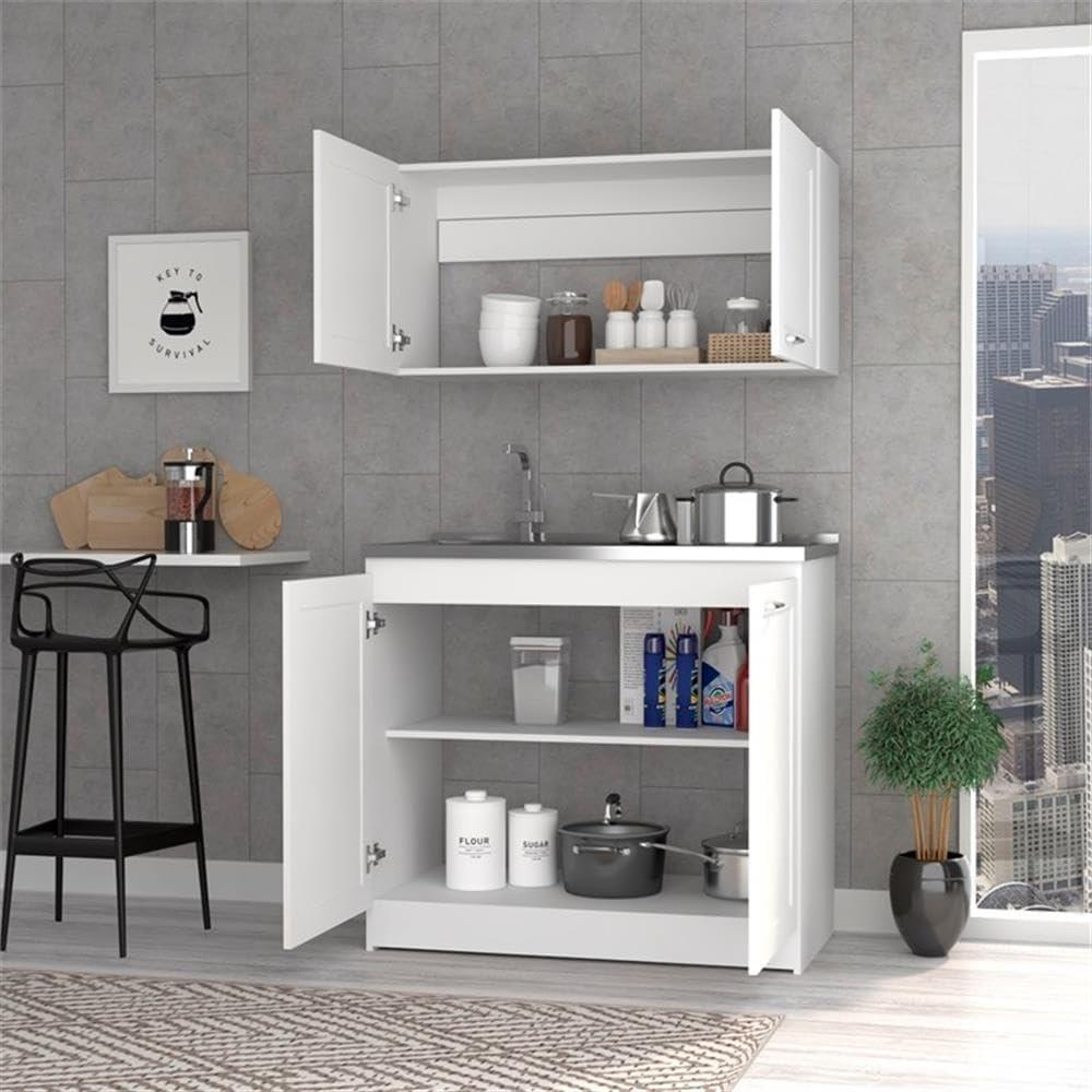 White and Light Gray Manufactured Wood Kitchen Cabinet Set
