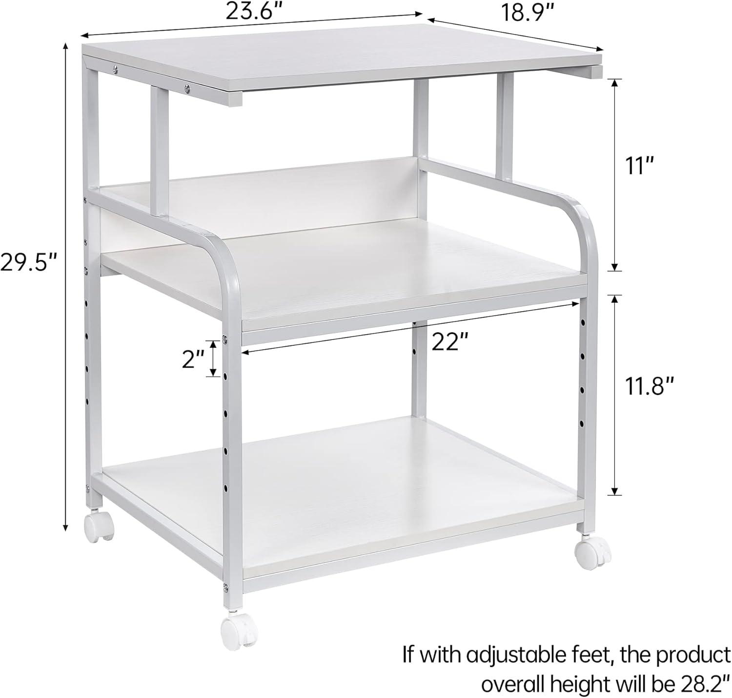 Printer Table, 23.6 x18.9 x 29.5 Inches Large Printer Stand with Height Adjustable Storage Shelf, 3 Tier Rolling Printer Cart Furniture with Wheels for Home Office, White & Black
