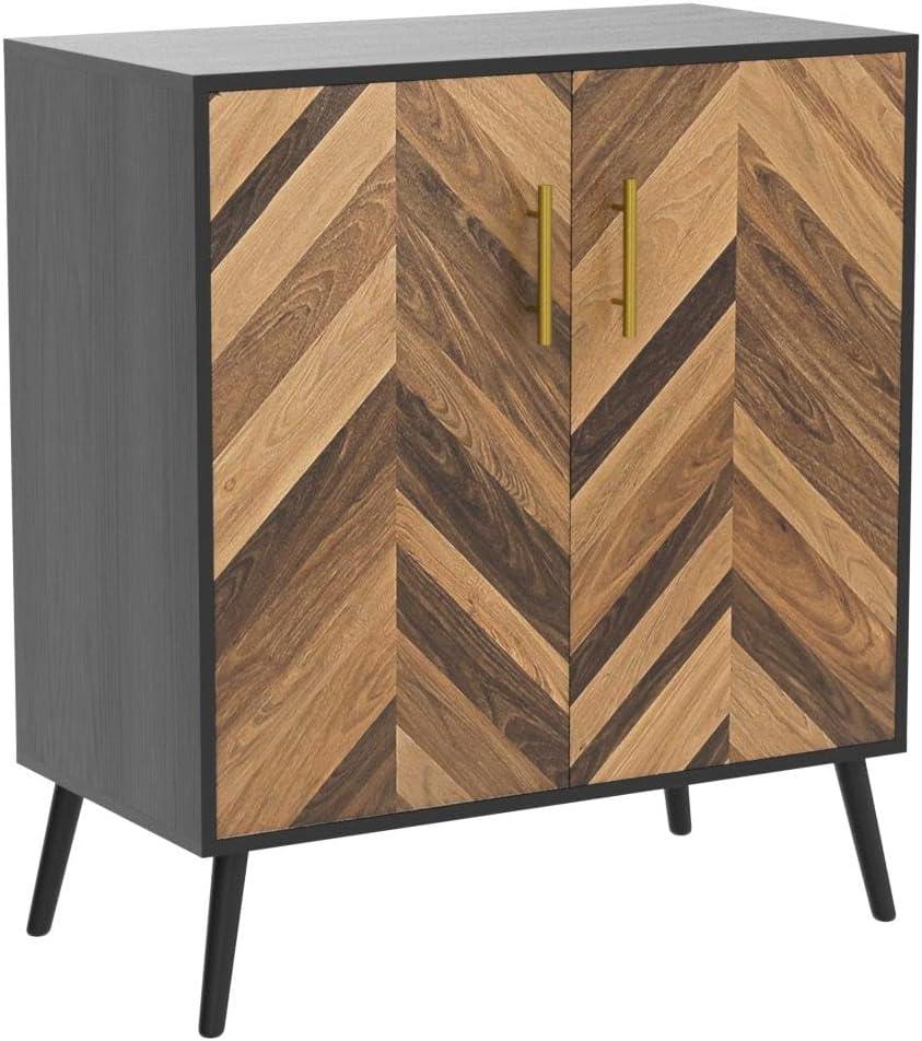 Accent Cabinet, Black Storage Cabinet with Doors Mid Century Modern Sideboard Buffet Cabinet with Storage Shelves Small Wood Accent Cabinets for Living Room Entryway Office, Brown Herringbone