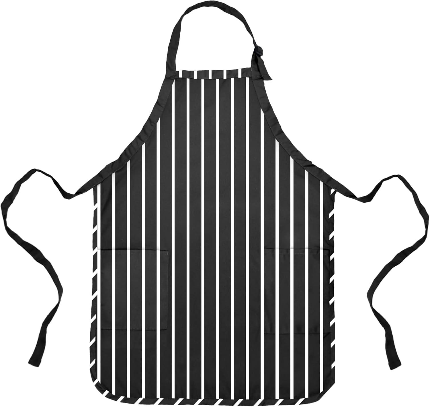 Striped Black Poly Cotton Kitchen Apron with Pockets