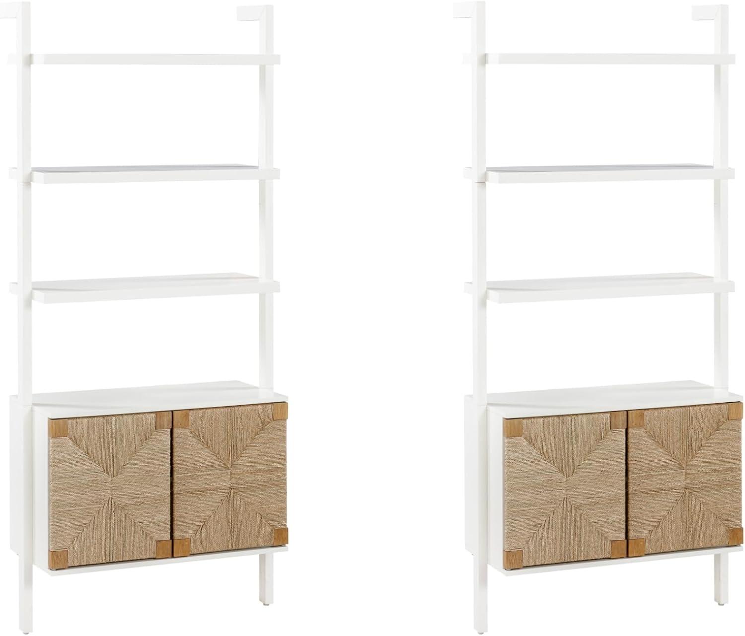 Nathan James Beacon 3-Shelf Bookcase with Seagrass Cabinet, Solid Wood Boho Bookshelf with Storage with Solid Wood Frame, Seagrass/Warm White, Set of 2