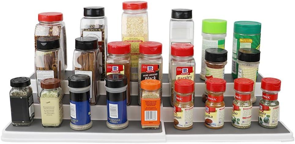 Expandable White 3-Tier Plastic Spice Rack with Non-Slip Tiers