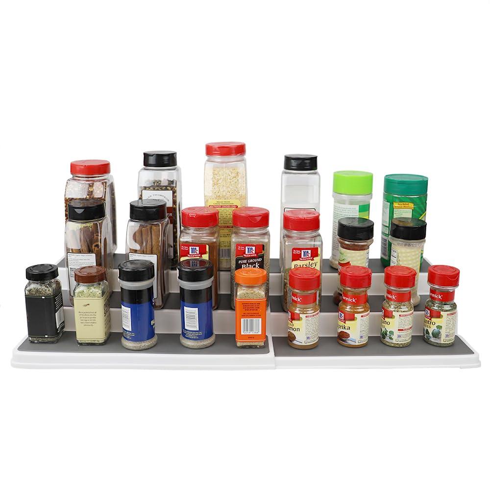 Home Basics 3 Tier Rubber Lined Plastic Spice Rack, Double, White, 14.5-23 Inches