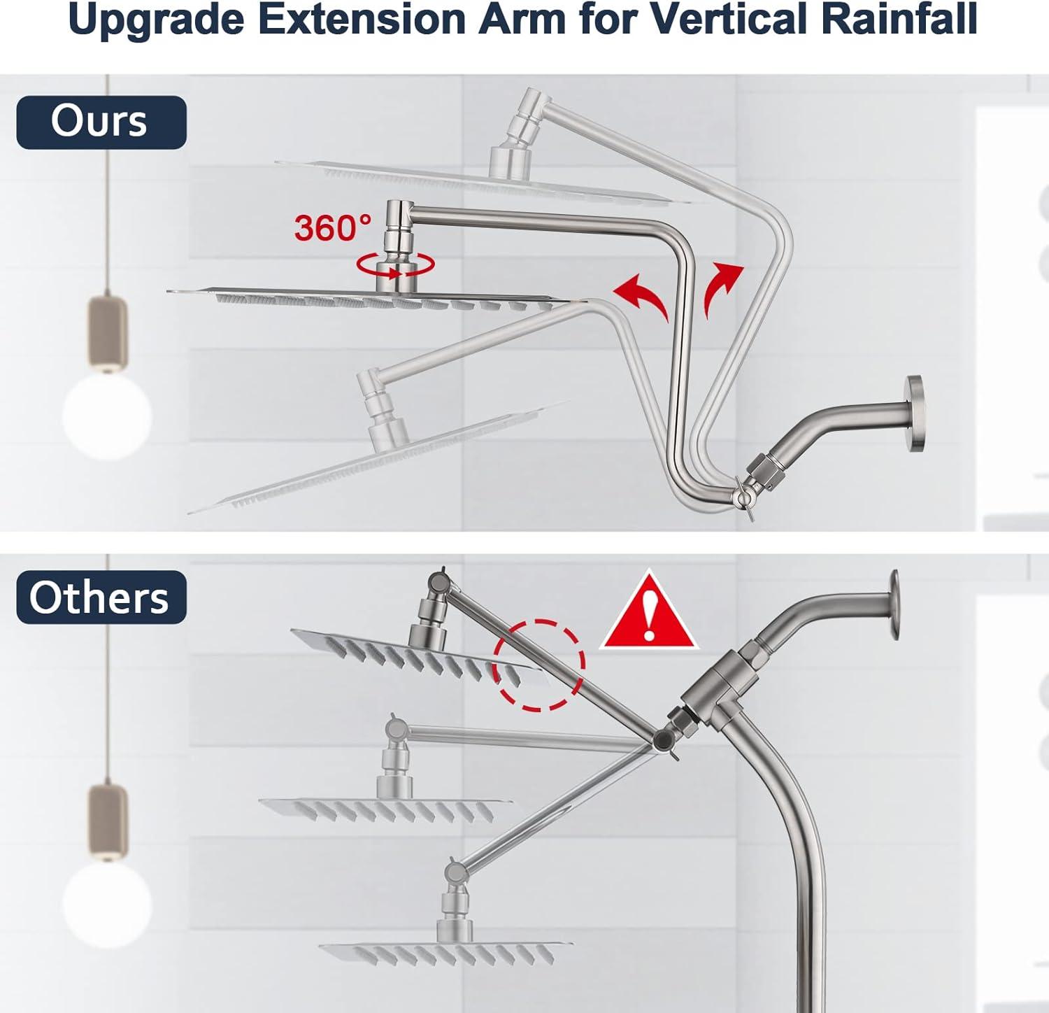 PDPBath 12" Rain Shower Head with Upgrade Adjustable Extension Arm, 304 Stainless Steel High Pressure Rainfall Showerhead, All Metal Large Square Waterfall Fixed Showerhead - Brushed Nickel