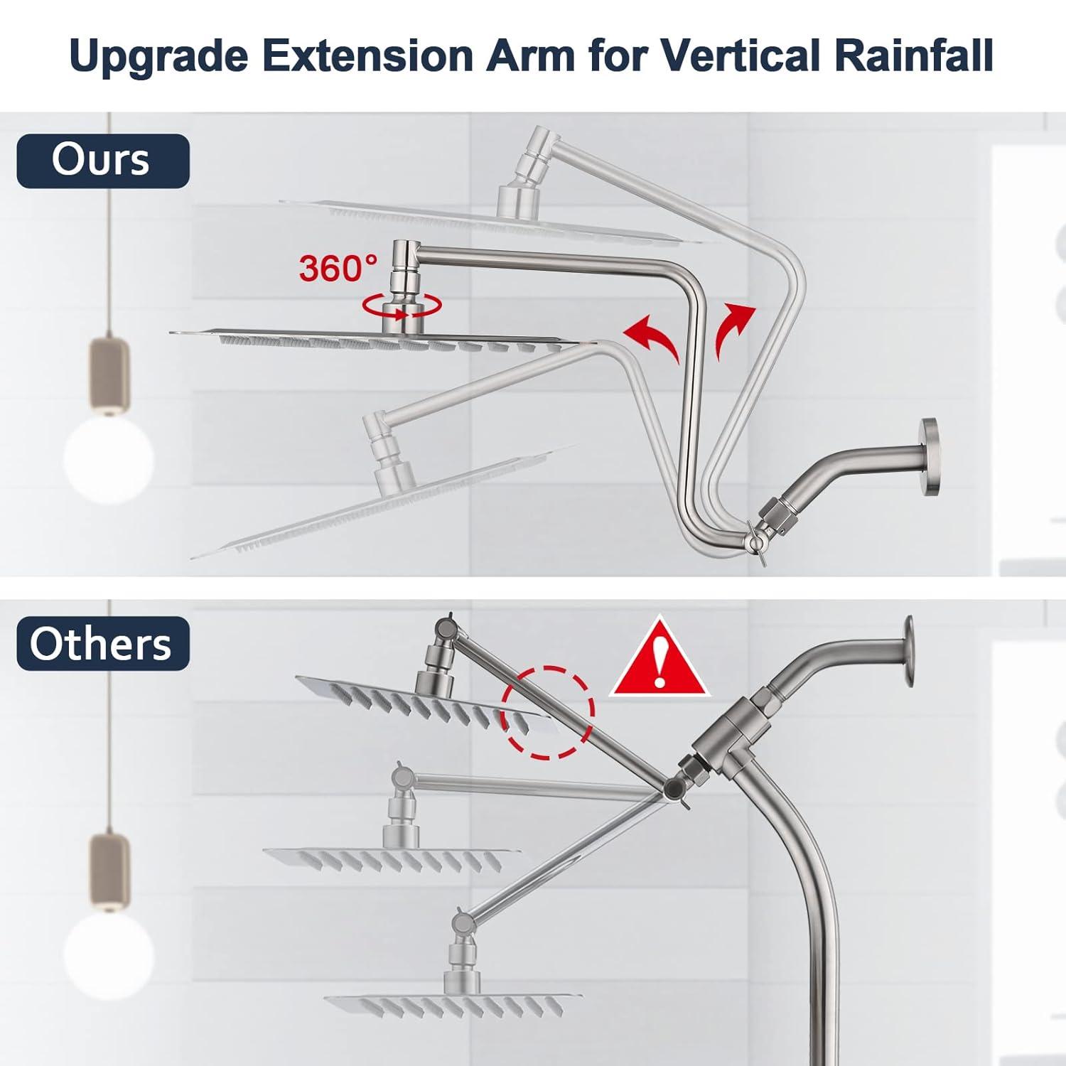 PDPBath 12" Rain Shower Head with Upgrade Adjustable Extension Arm, 304 Stainless Steel High Pressure Rainfall Showerhead, All Metal Large Square Waterfall Fixed Showerhead - Brushed Nickel