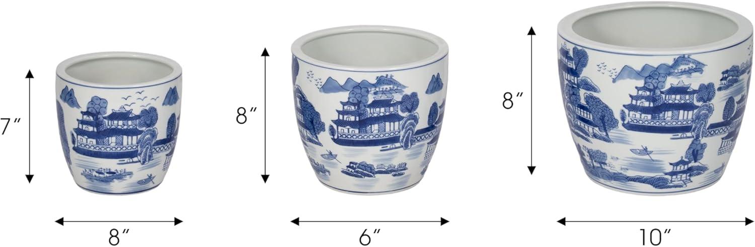 Sagebrook Home 3pc Chinoiserie Ceramic Indoor Outdoor Planter Pots Blue/White: Rust-Resistant, Hand-Painted, No Drainage Holes