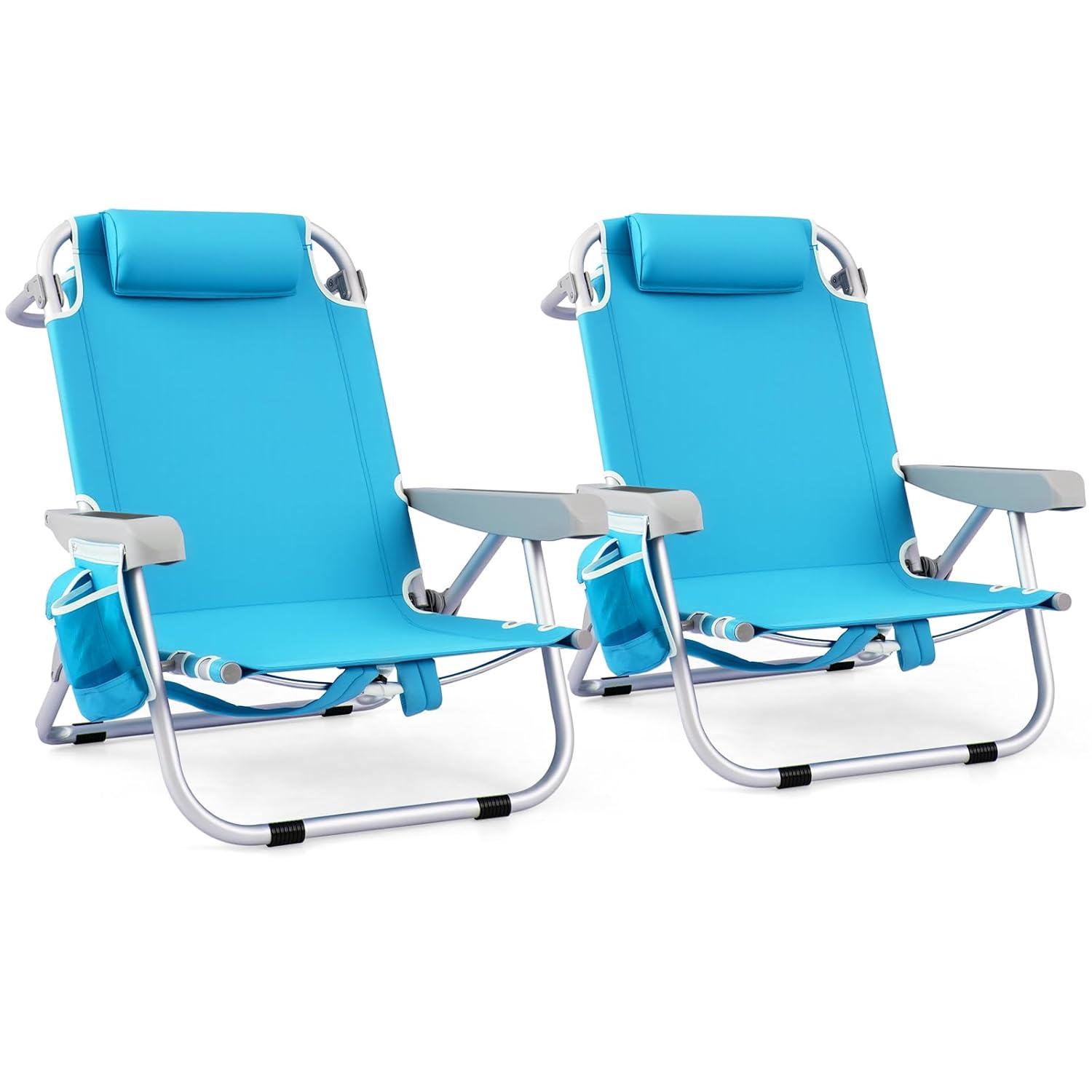 Barara King Folding Chair, Outdoor Lounge Chair,Foldable Backpack Beach Chair with Cup Holder and Storage Pockets Set of 2-Blue