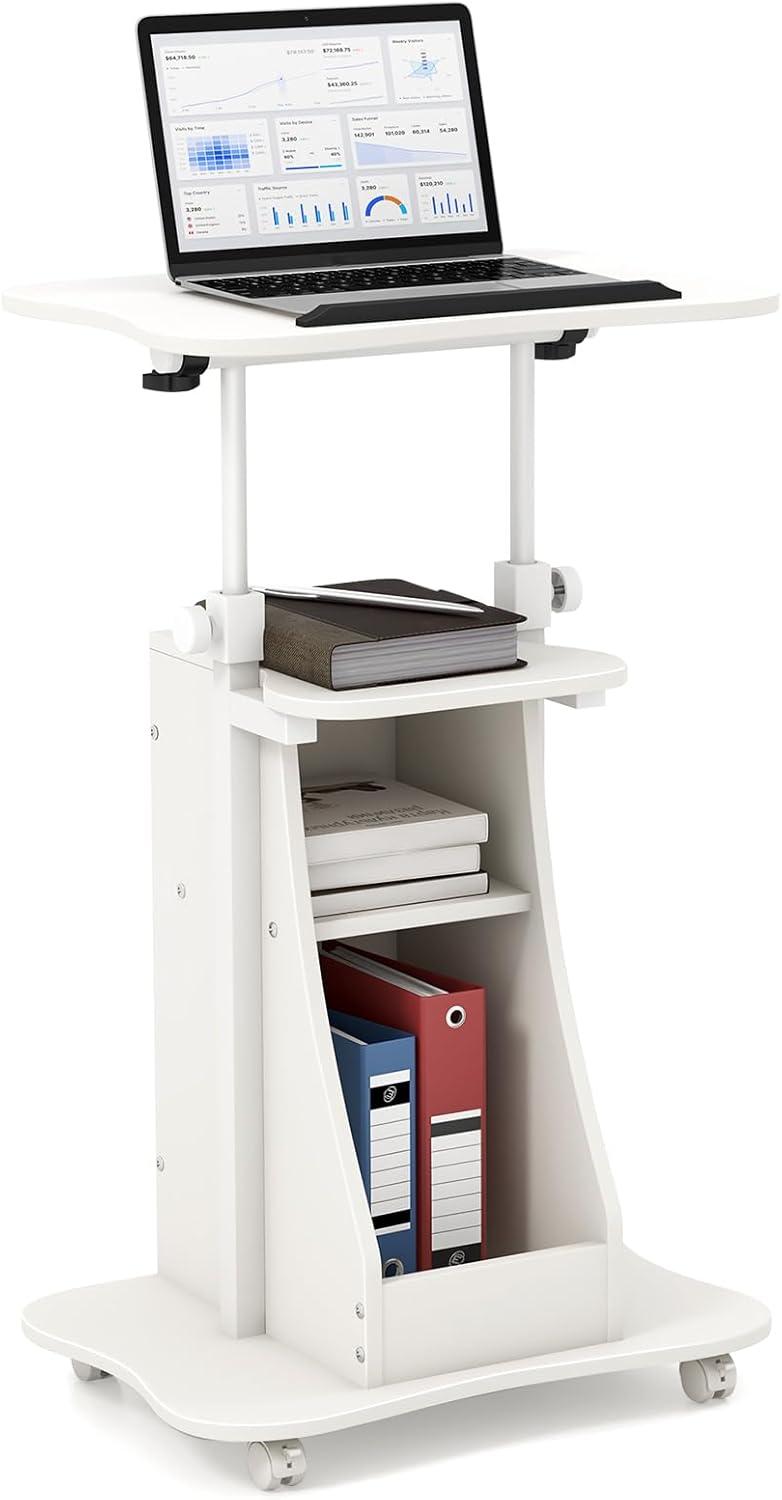 Costway Mobile Podium Stand Height Adjustable Laptop Cart with Storage Compartments Rolling Lectern with Lockable Casters for Classroom Office White