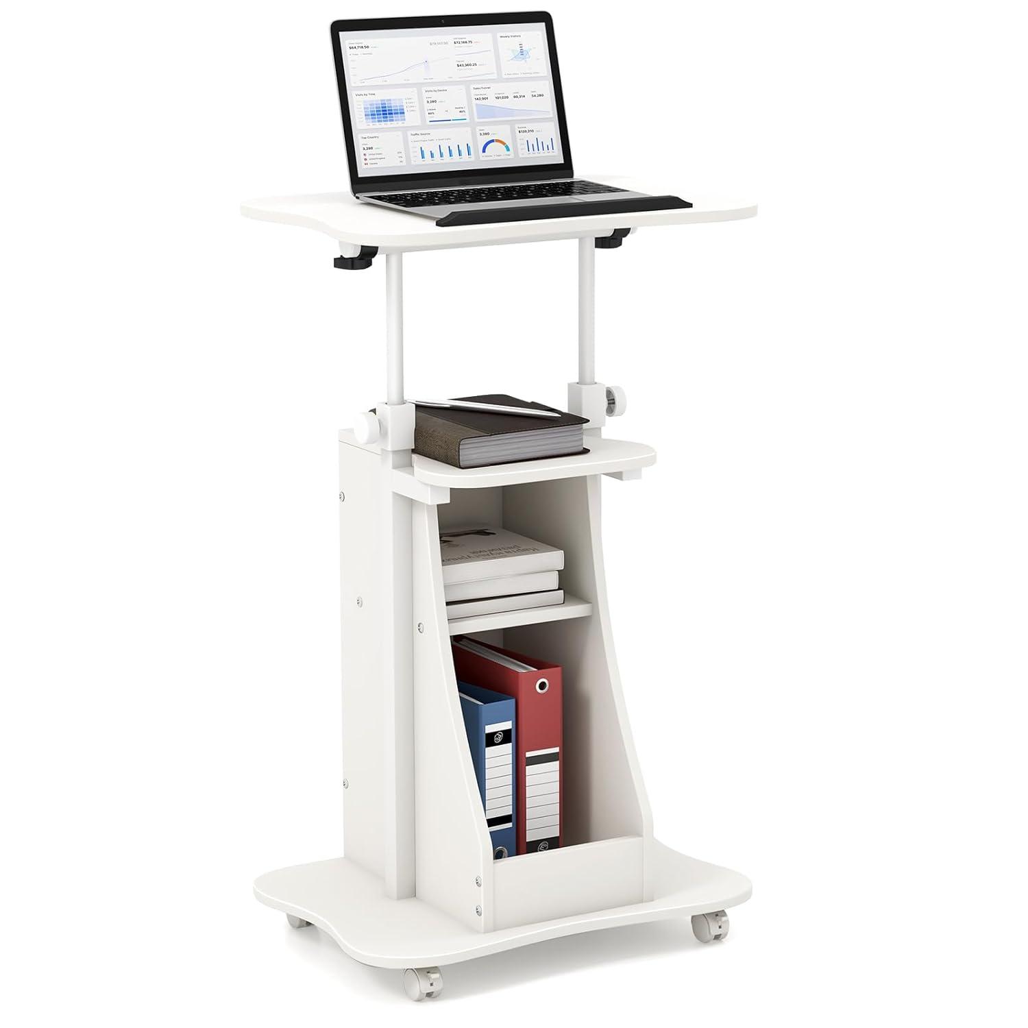 Costway Mobile Podium Stand Height Adjustable Laptop Cart with Storage Compartments Rolling Lectern with Lockable Casters for Classroom Office White