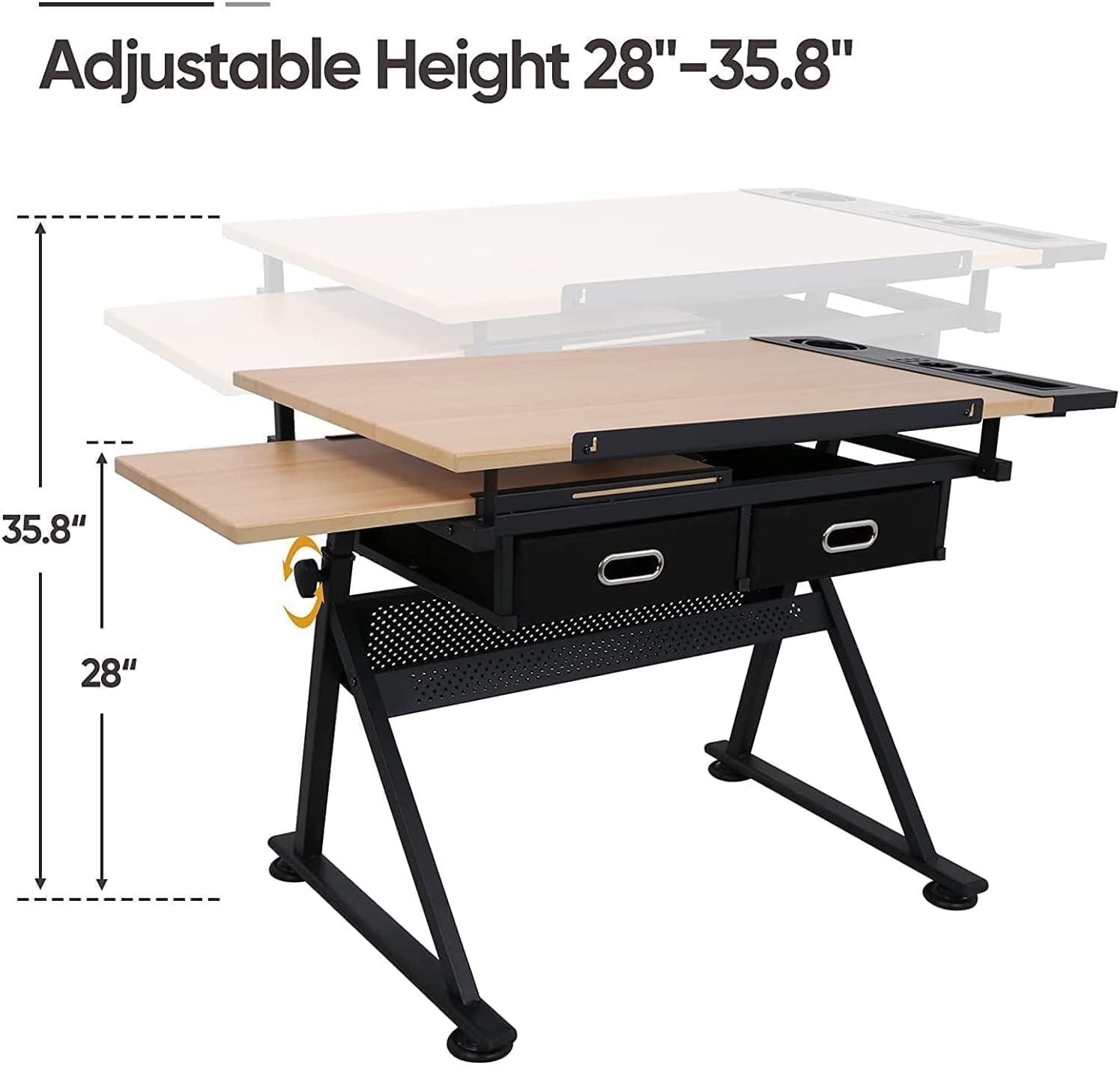 Drafting Table Drawing Desk Art&Craft Work Station Height Adjustable Tilting Tabletop Craft Table Desk w/Stool and 2 Storage Drawers for Home Office Study Room, Natural