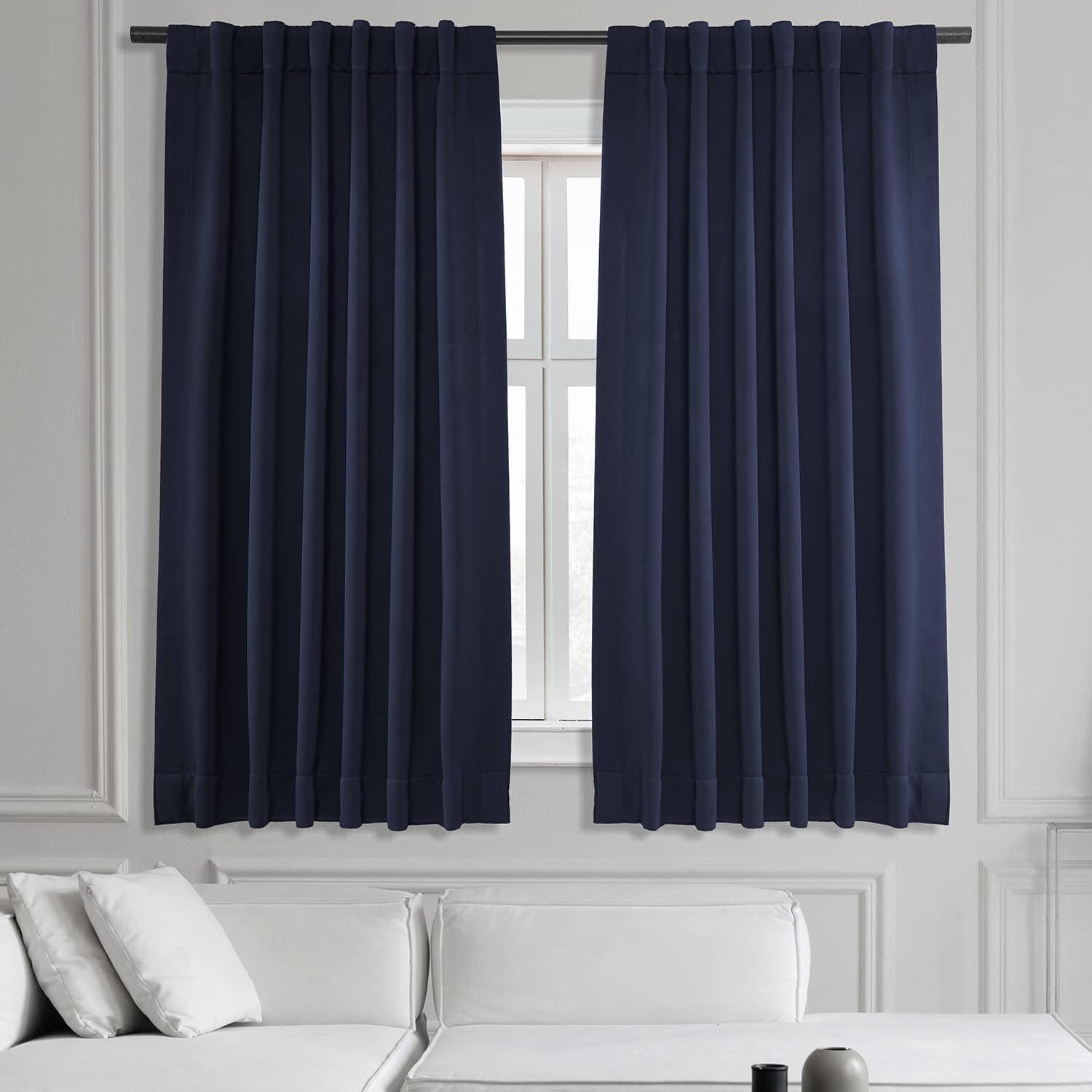 Navy Blue Polyester Blackout Puddle Length Curtain Panel