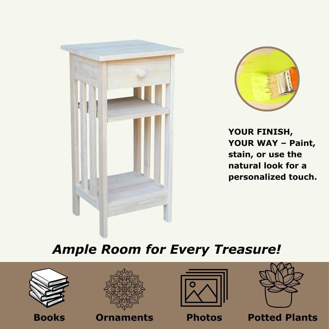 International Concepts Mission Telephone Stand Unfinished : Hardwood Accent Table with Drawer & Fixed Shelf