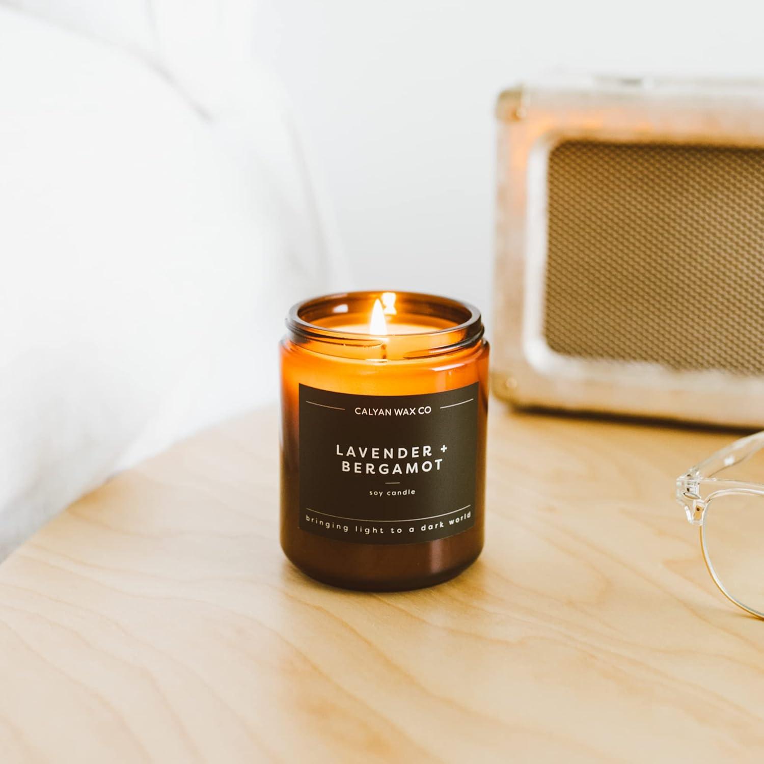 Calyan Wax Co. Soy Wax Candle, Lavender + Bergamot Scented Candle, 57 Hour Burn Time, Aromatherapy Soy Candles, Non Toxic & Vegan Soy Wax, Amber Glass Jar Scented Candles, 7.2oz