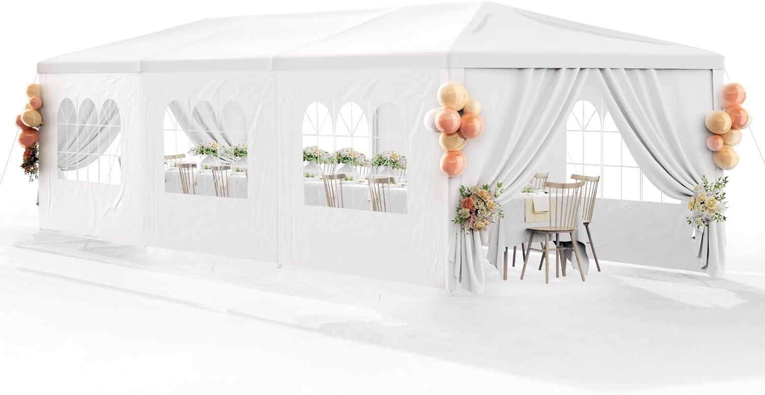 10'x30' Outdoor Party Tent with 8 Removable Sidewalls, Waterproof Canopy Patio Wedding Gazebo, White